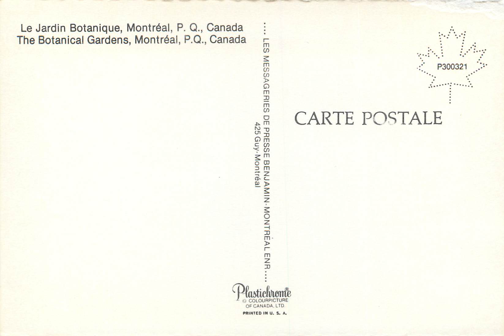 CPM Montreal PQ Canada Le Jardin Botanique — Back