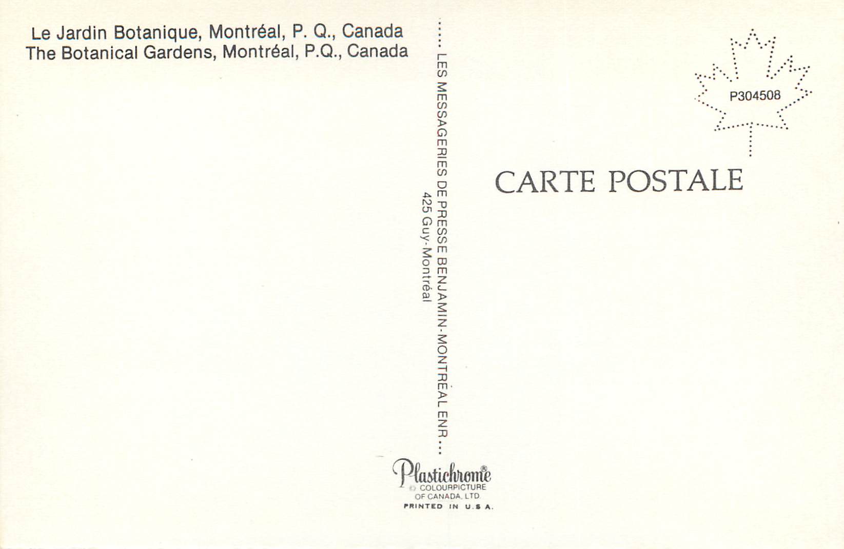 CPM Montreal PQ Canada Le Jardin Botanique — Back
