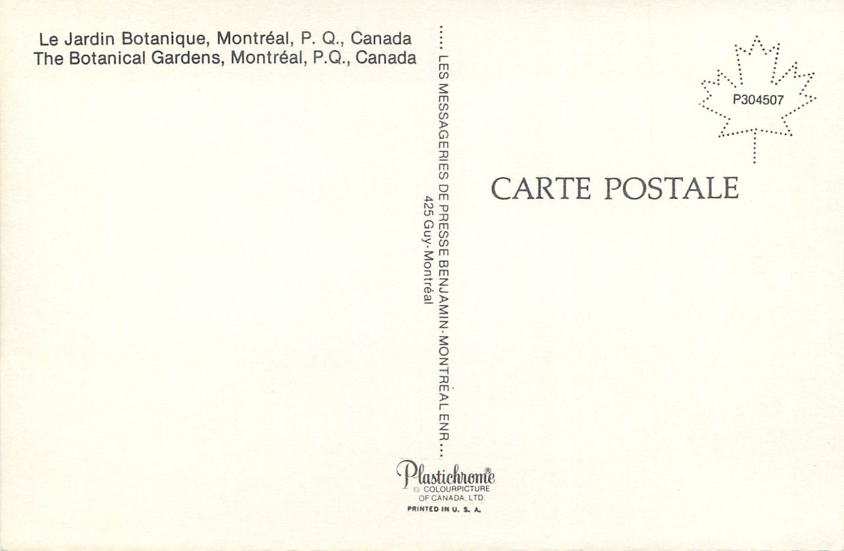CPM Montreal PQ Canada Le Jardin Botanique — Back