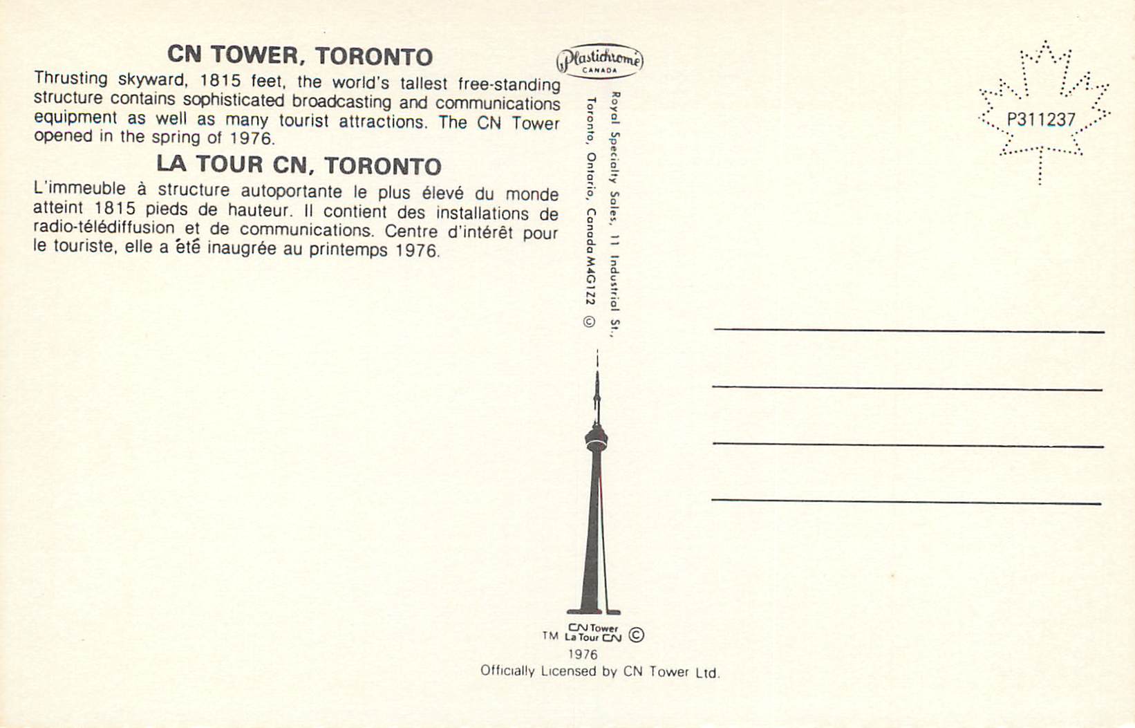 CPM Toronto la Tour CN l'Immeuble a Structure Autoportante le plus Eleve 1815 Pieds de Hauteur — Back