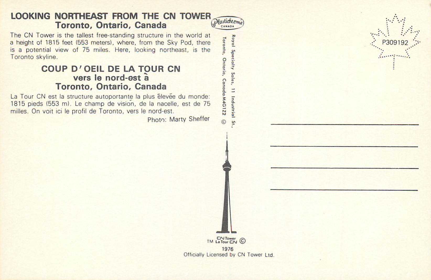 CPM Toronto Ontario Canada Coup d'Oeil de la Tour CN vers le Nord Est — Back