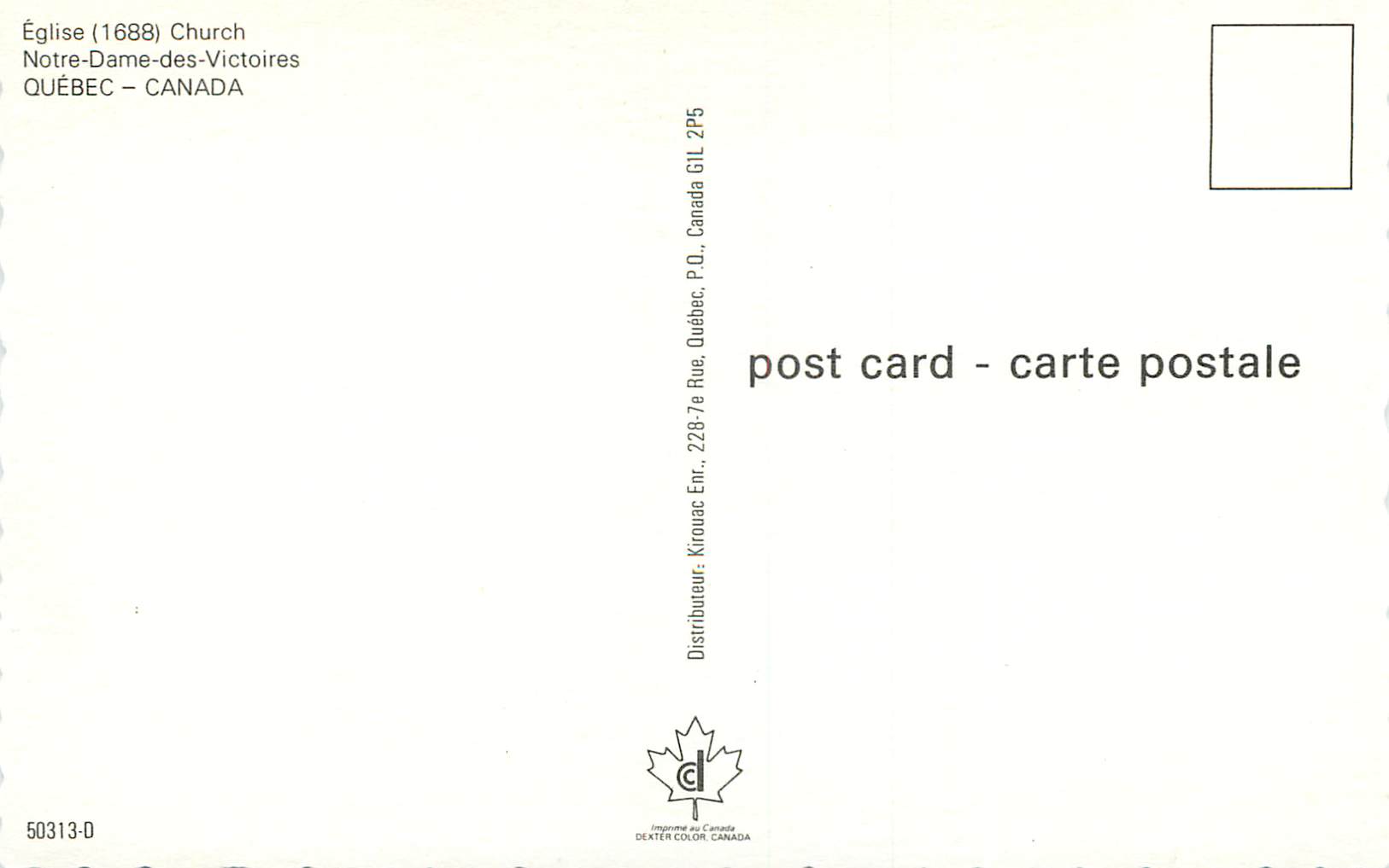 CPM Quebec Canada Eglise (1688)Notre Dame des Victoires  — Back