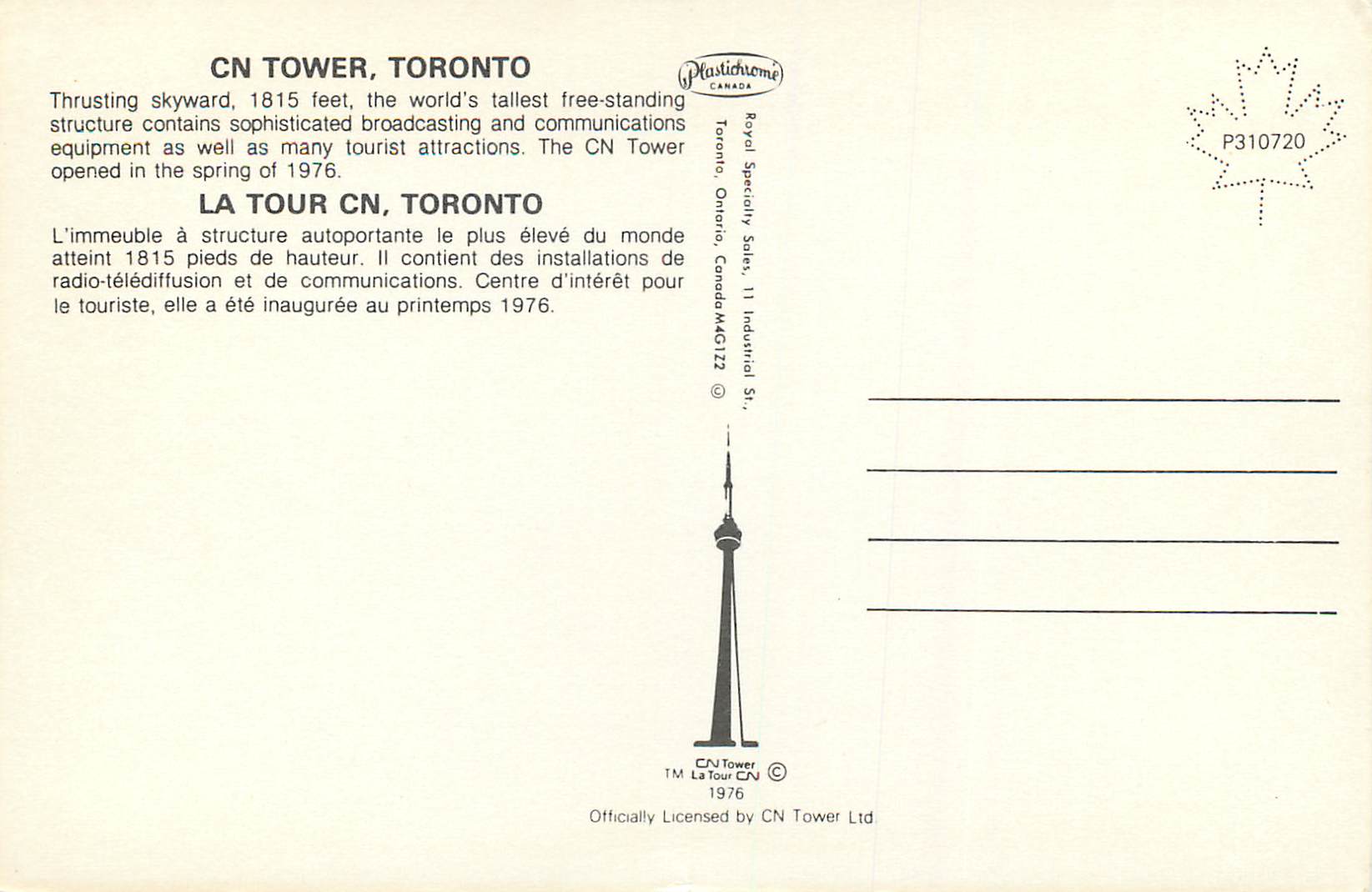 CPM Toronto la Tour CN l'Immeuble a Structure Autoportante le plus Eleve 1815 Pieds de Hauteur — Back