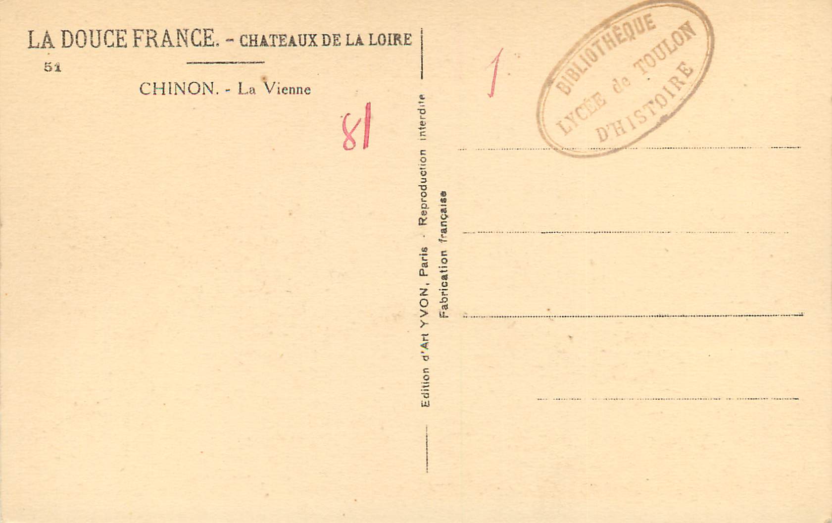 CPA Douce France Chateau de la Loire Chinon la Vienne — Rückseite