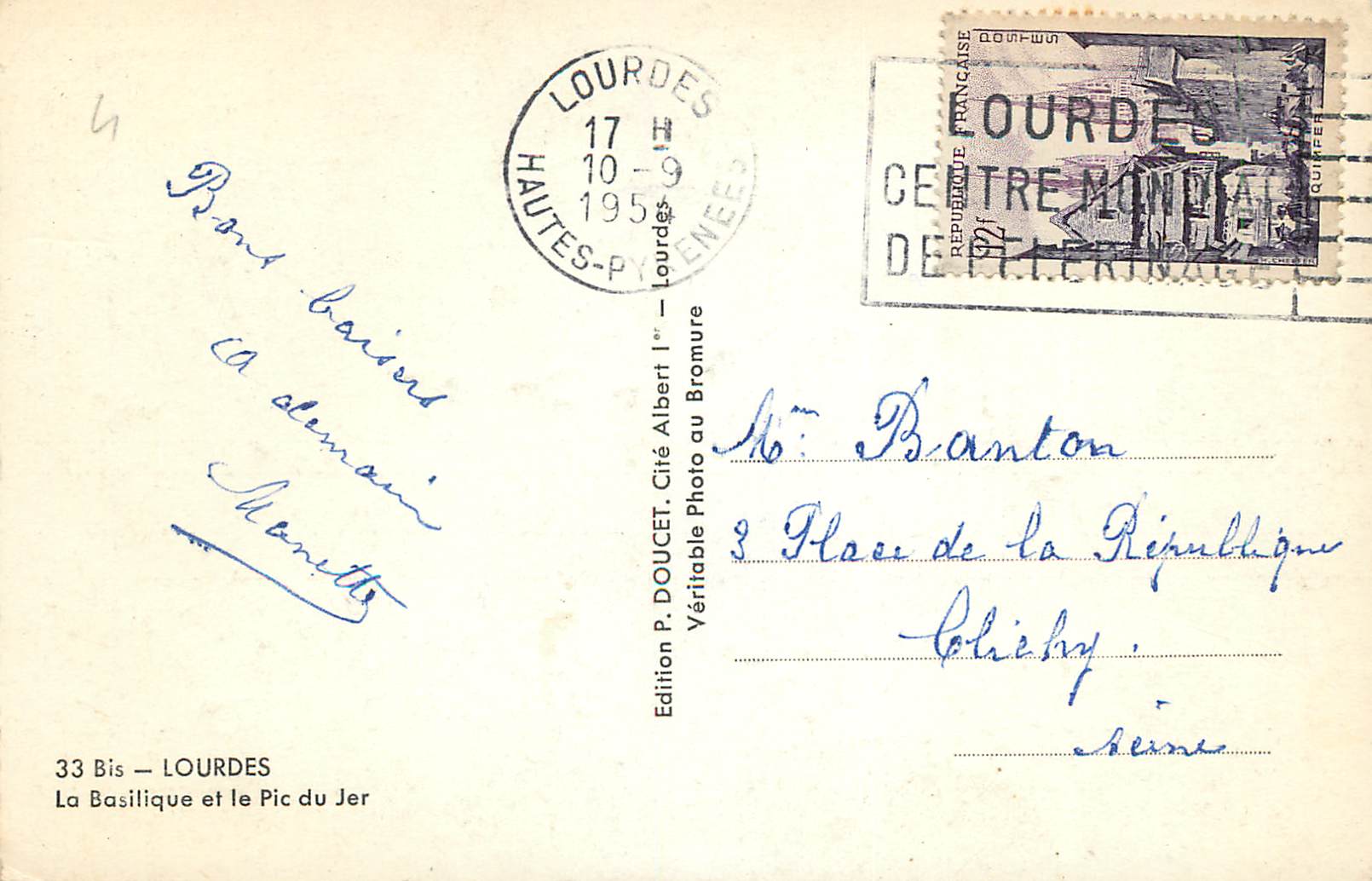 CPM Lourdes la Basilique et le Pic du Jer — Verso