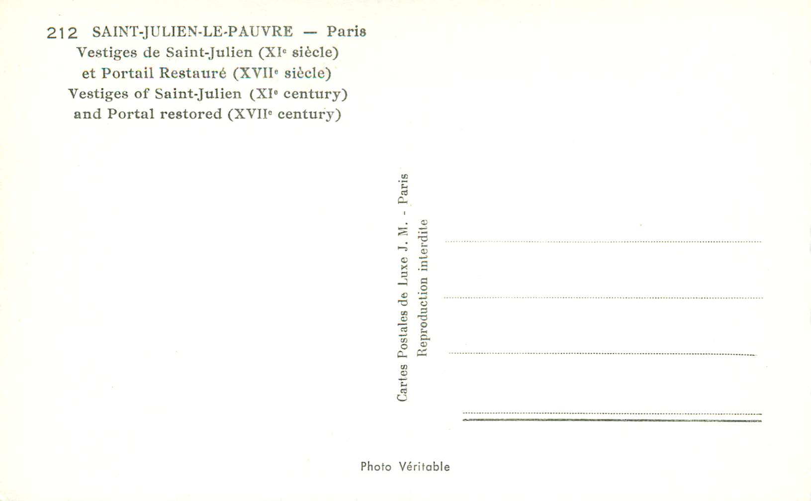CPM St Julien le Pauvre Paris Vestiges de Saint Julien (XIe siecle) et Portail Restaure (XVIIe siecle) — Rückseite