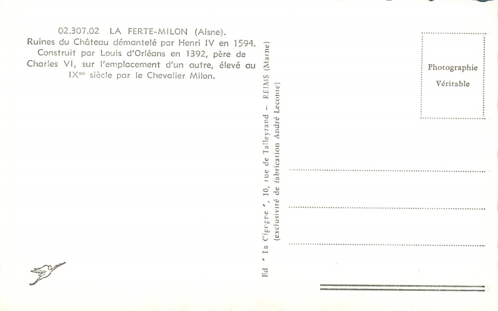 Ruinen des Schlosses Ferté-Milon — Aisne — Verlag La Cigogne, n° 02.307.02 — Rückseite
