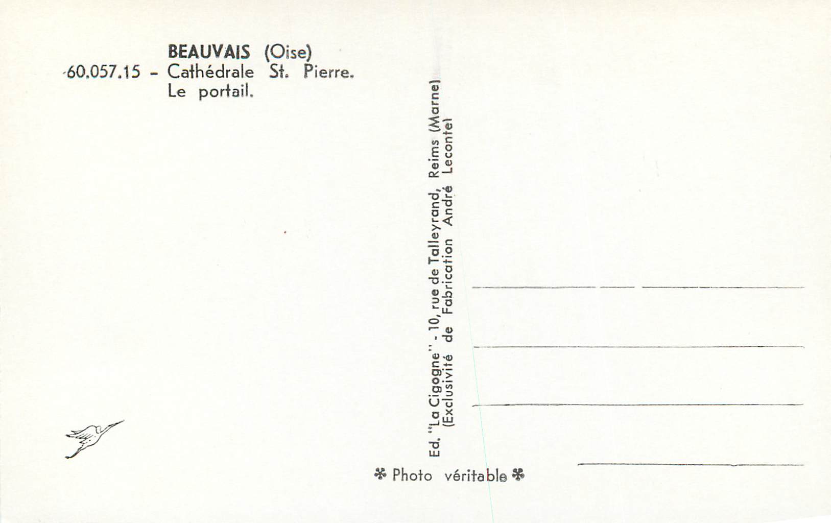 CPM Beauvais (Oise) Cathedrale St Pierre le Portail — Rückseite