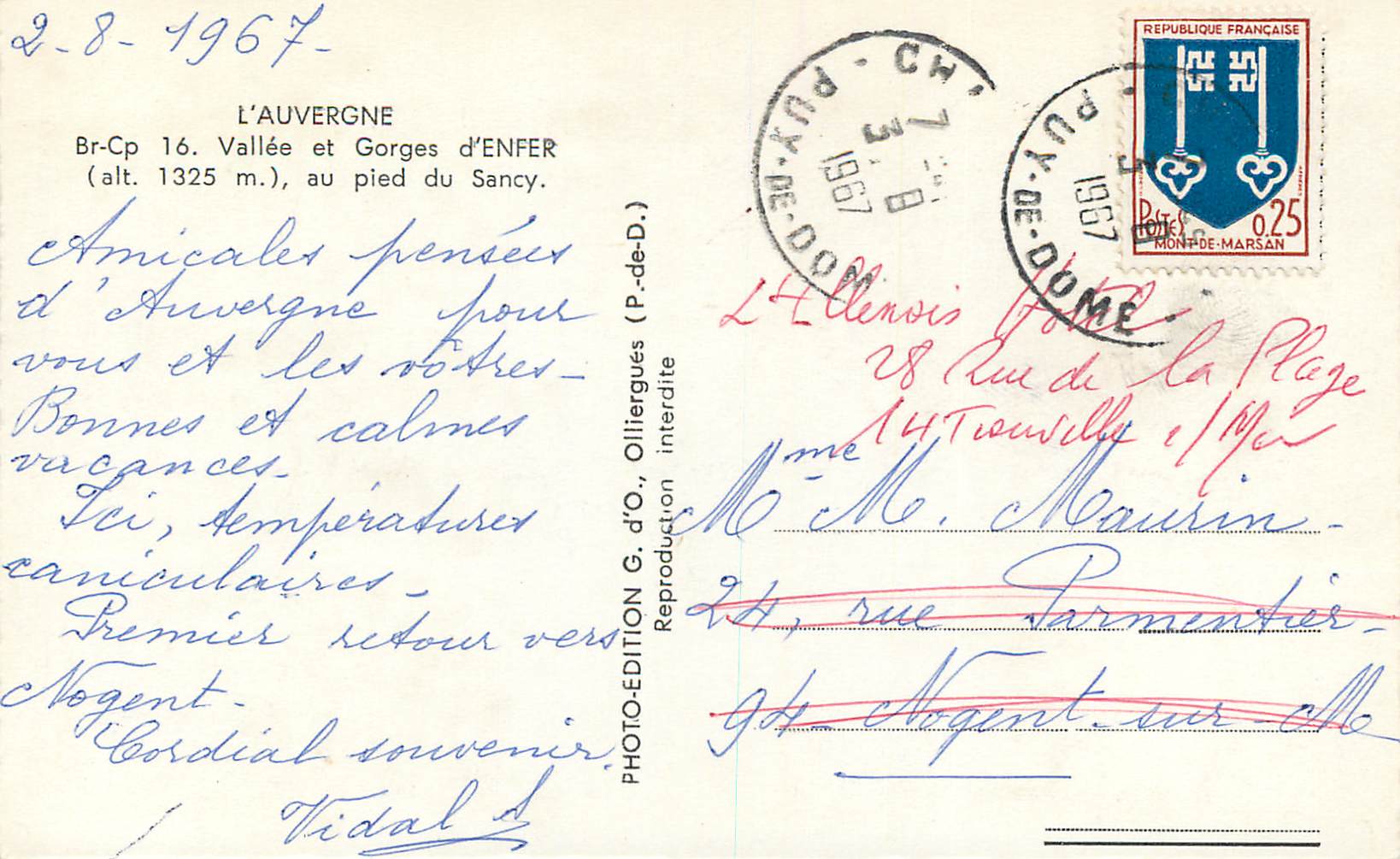 CPM l'Auvergne Vallee et Gorges d'Enfer (alt 1325m) au Pied du Sancy — Rückseite