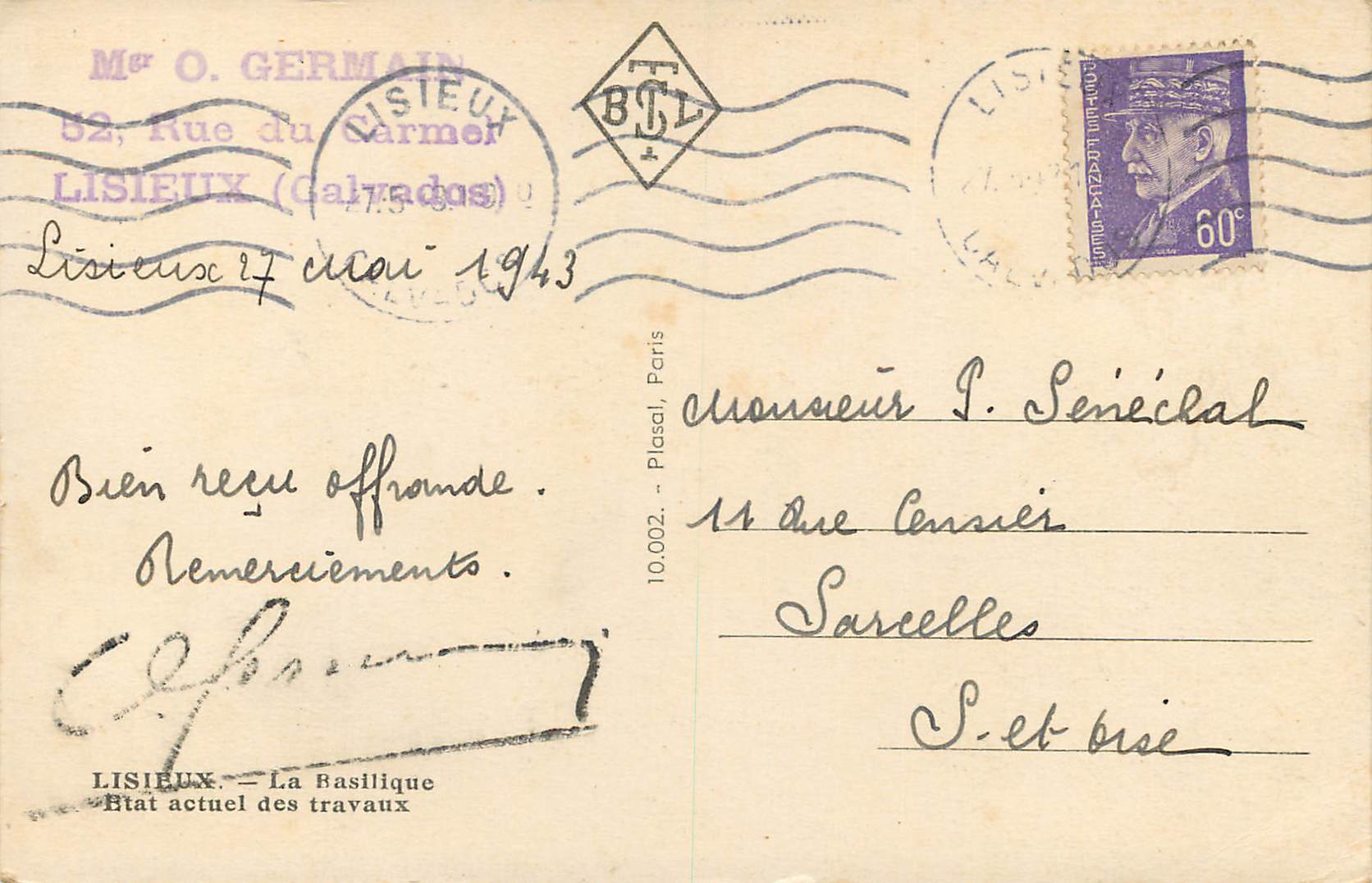 La Basilique — État actuel des travaux — Éditeur : LISIEUX — Rückseite