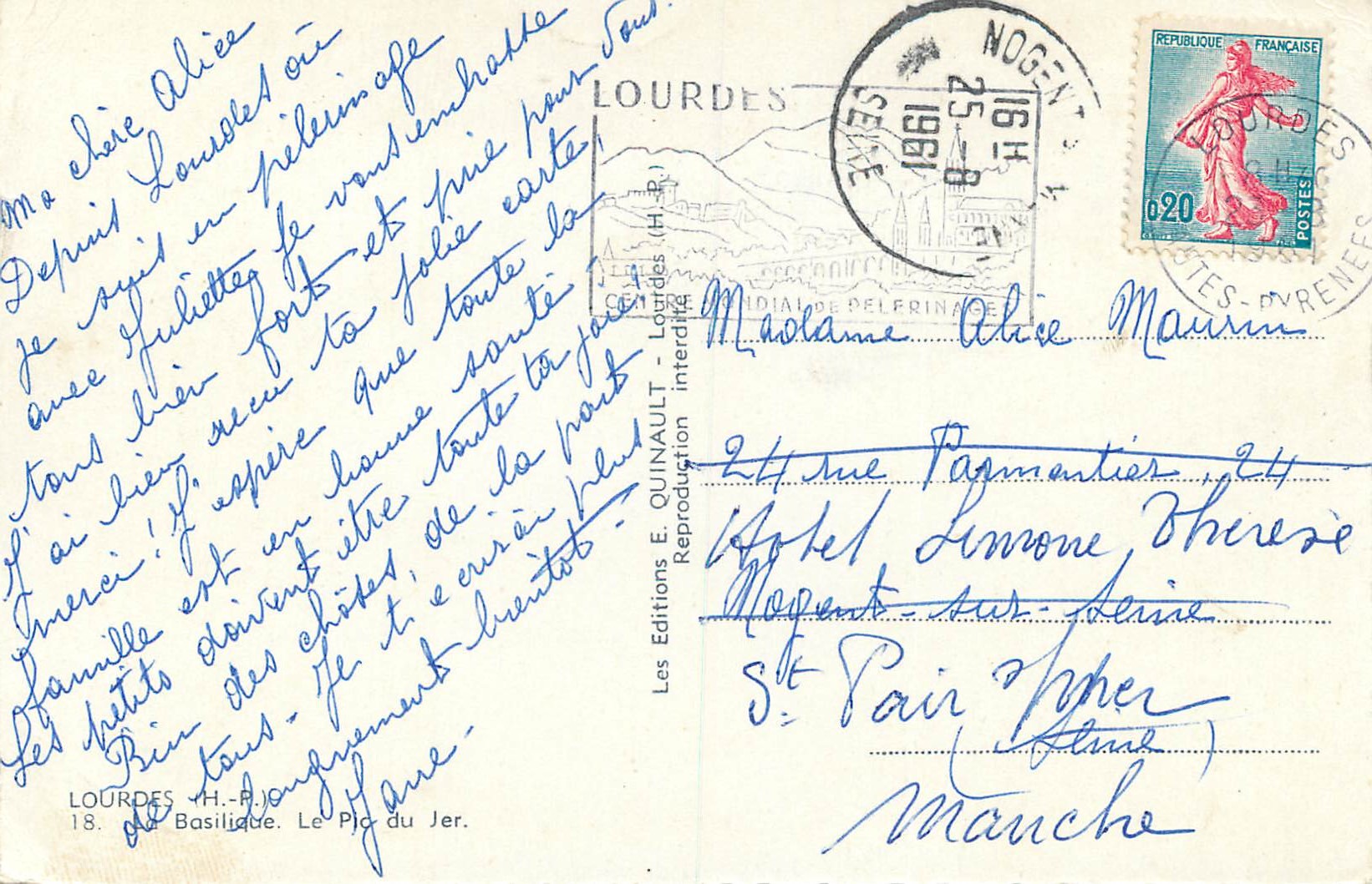 CPM Lourdes (H P) la Basilique le Pic du Jer — Verso