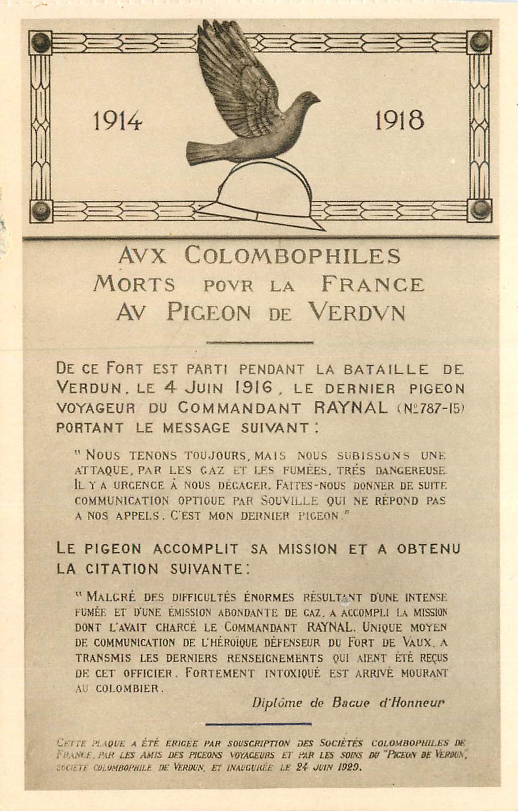 Fort de Vaux — Dernier pigeon voyageur de la bataille de Verdun — Éditions Lorraines - Verdun