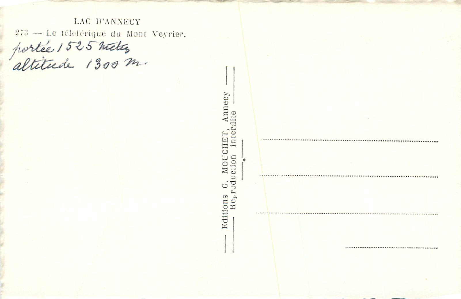 Lac d'Annecy — Le téléphérique du Mont Veyrier — Éditions G. Mouchet, Annecy — Rückseite