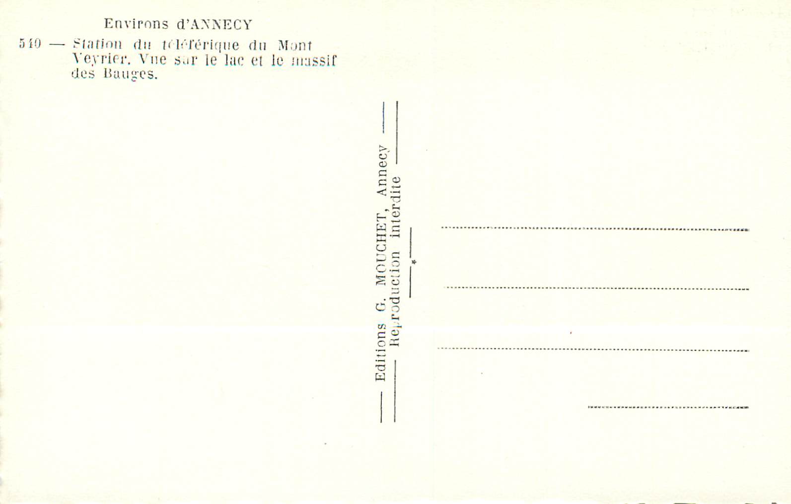 Environ d'Annecy — Station du téléphérique du Mont Veyrier, vue sur le lac et le massif des Bauges — Éditions G. Mouchet, Annecy — Verso