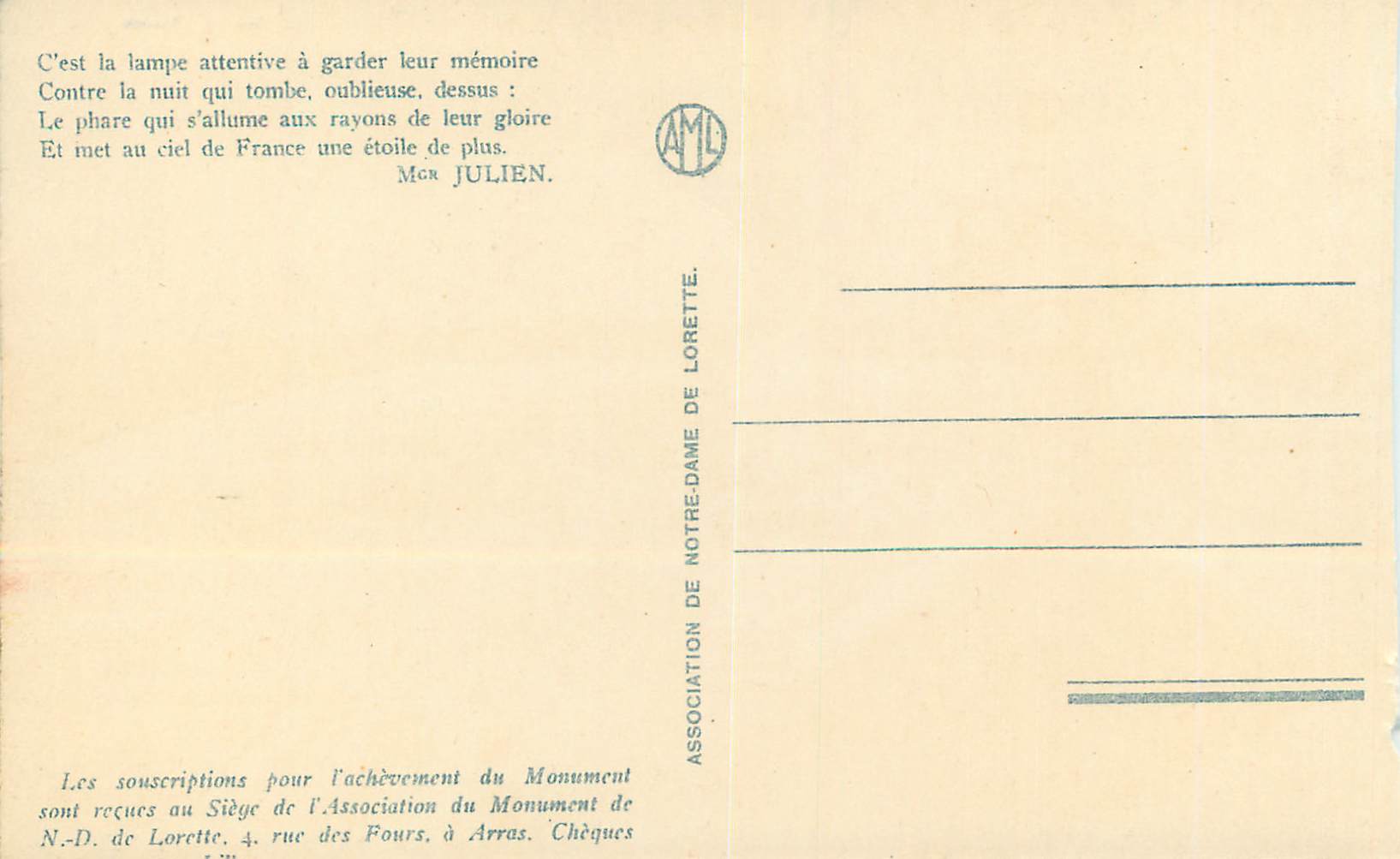 CPA Notre Dame de Lorette La Tour et La Chapelle (Coronnier Architecte Coin Sculpteur) LL — Rückseite