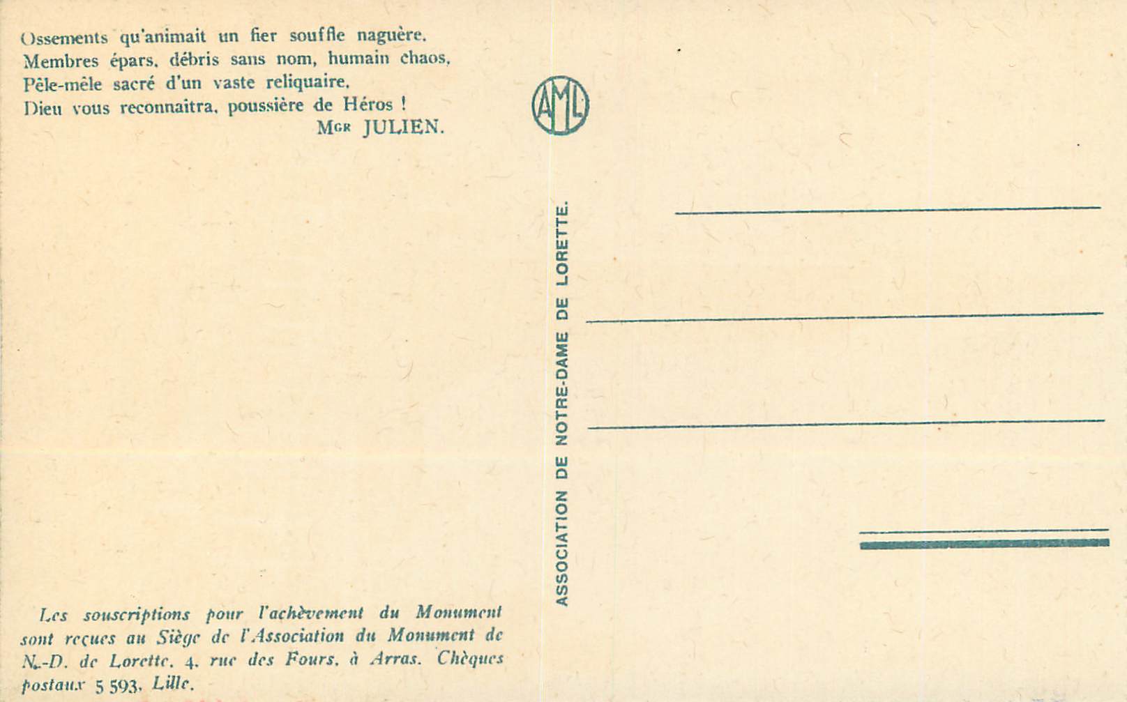 CPA Notre Dame de Lorette Interieur de la Chambre Ardente (Architecte Coin Sculpteur) — Rückseite