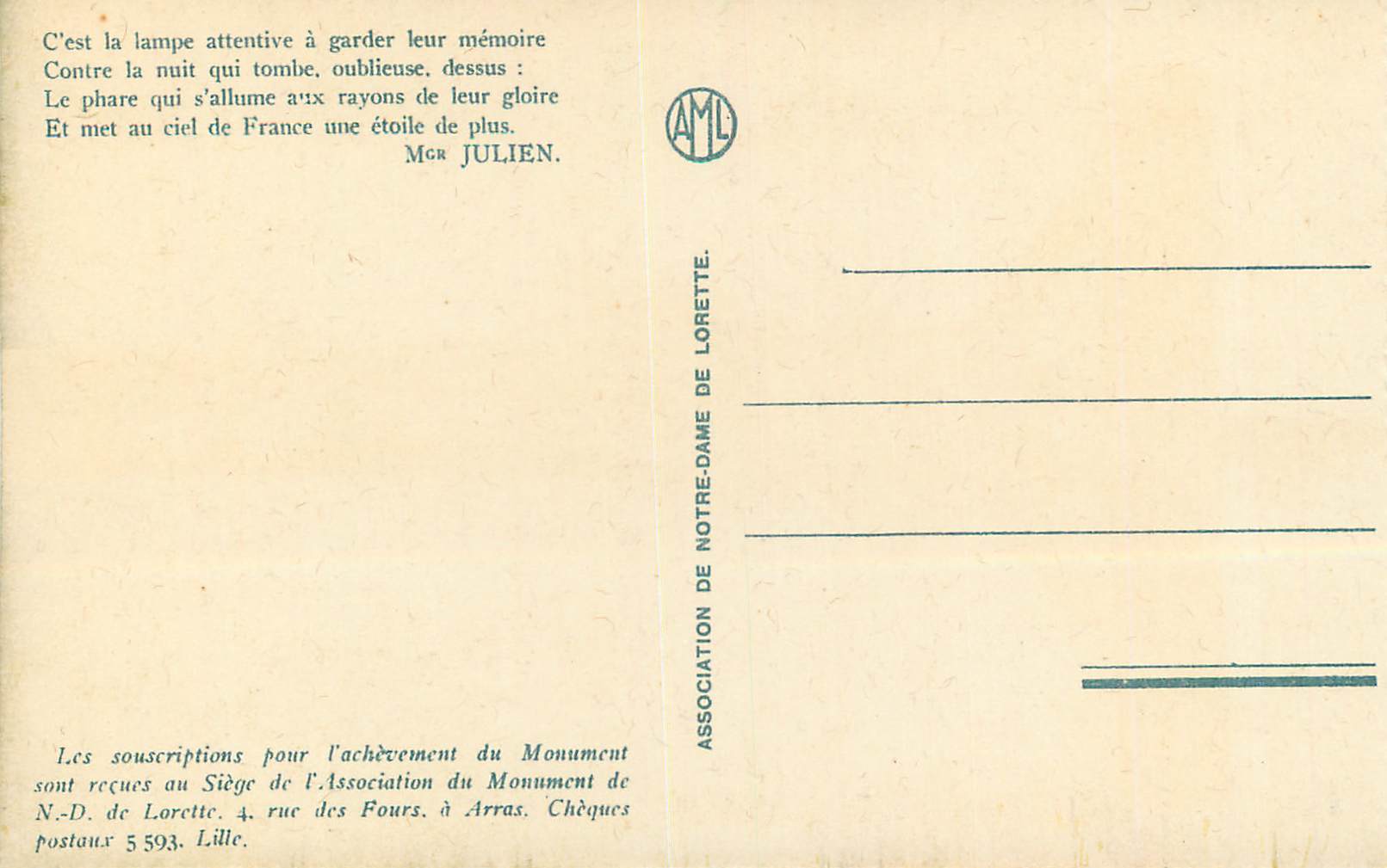 CPA Notre Dame de Lorette Monument du General Maistre — Rückseite