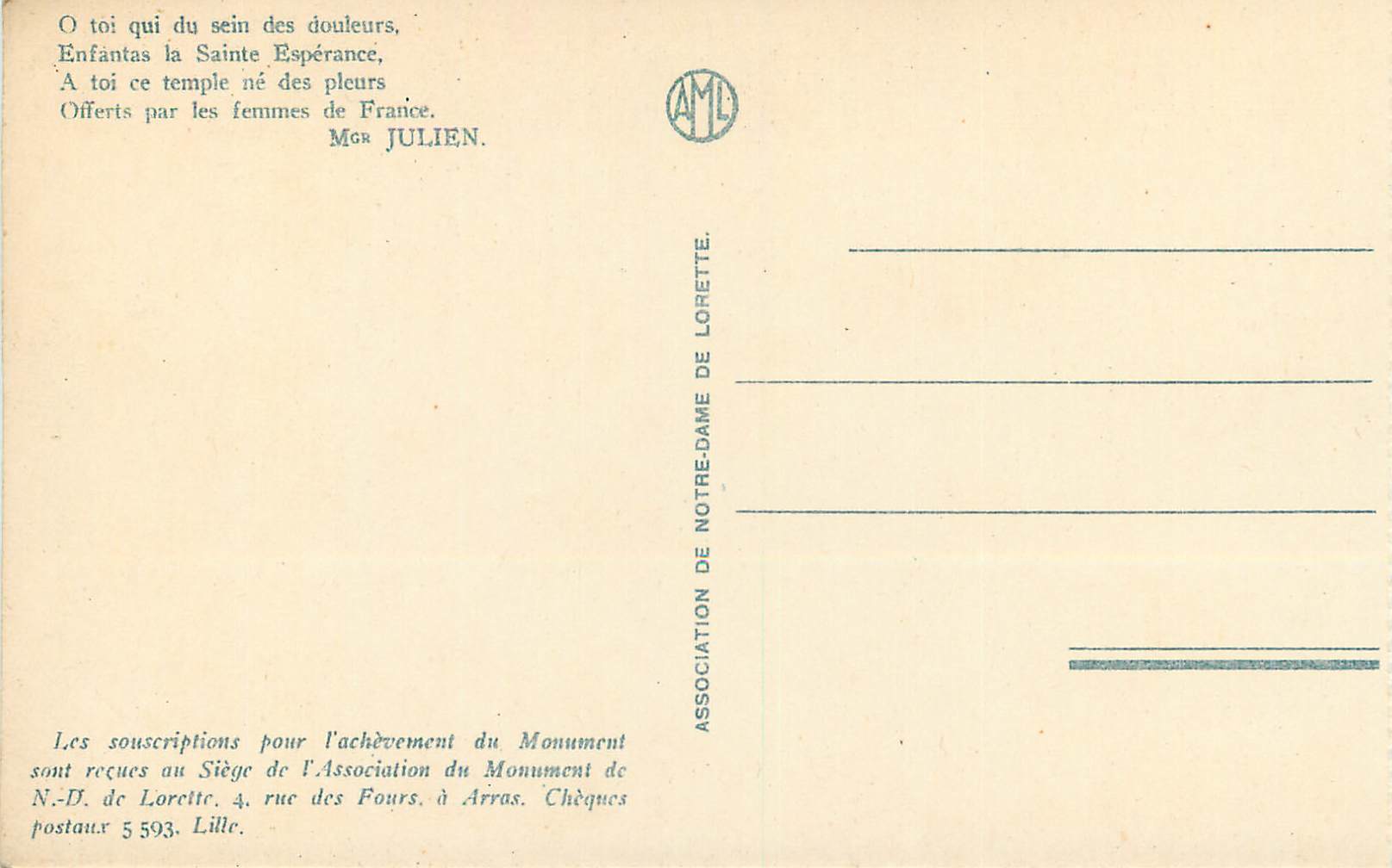 CPA Notre Dame de Lorette Monument du General Maistre — Rückseite
