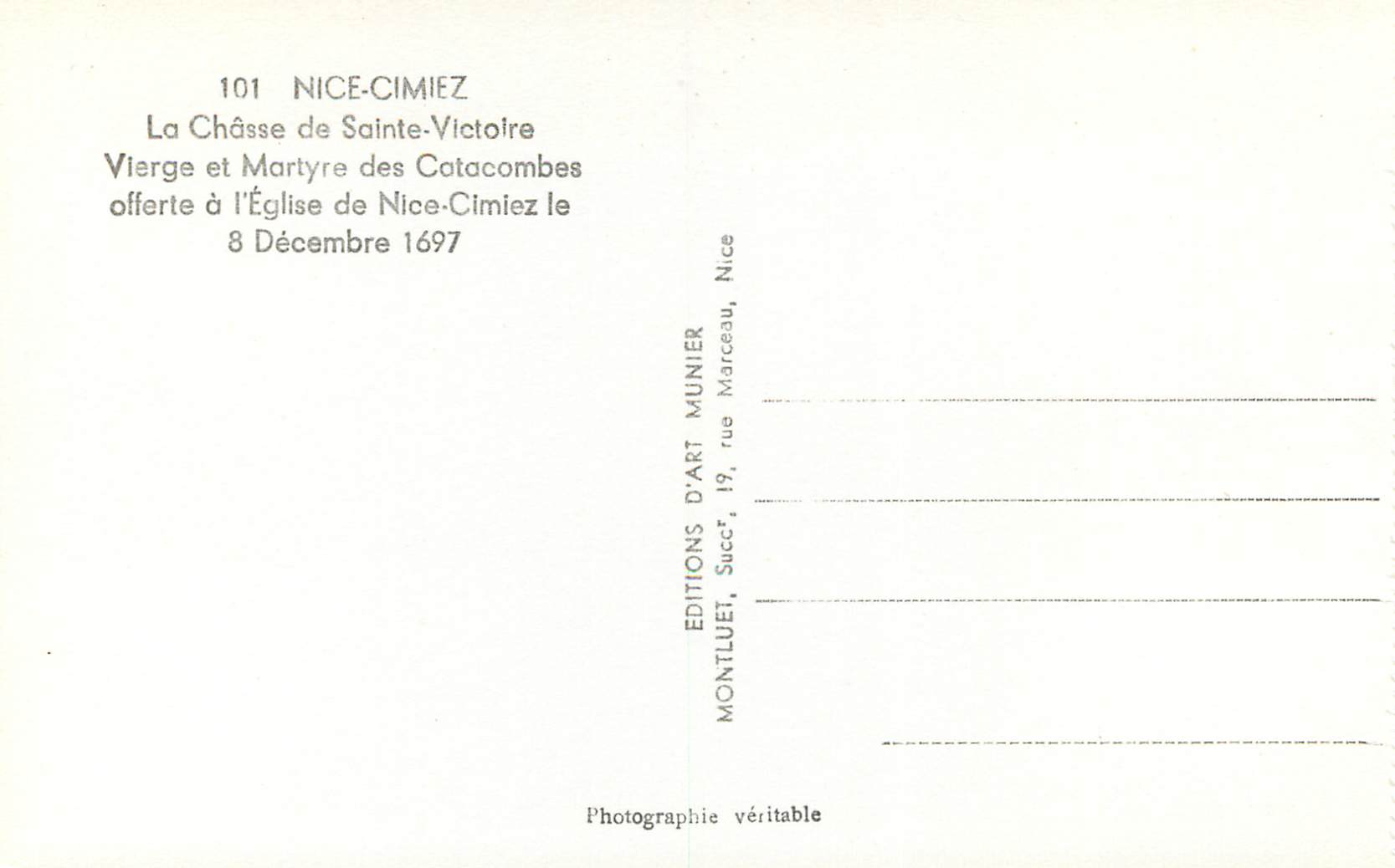 CPM Nice Cimiez La Chasse de Sainte Victoire vierge et Martyre des Cotacombes — Rückseite