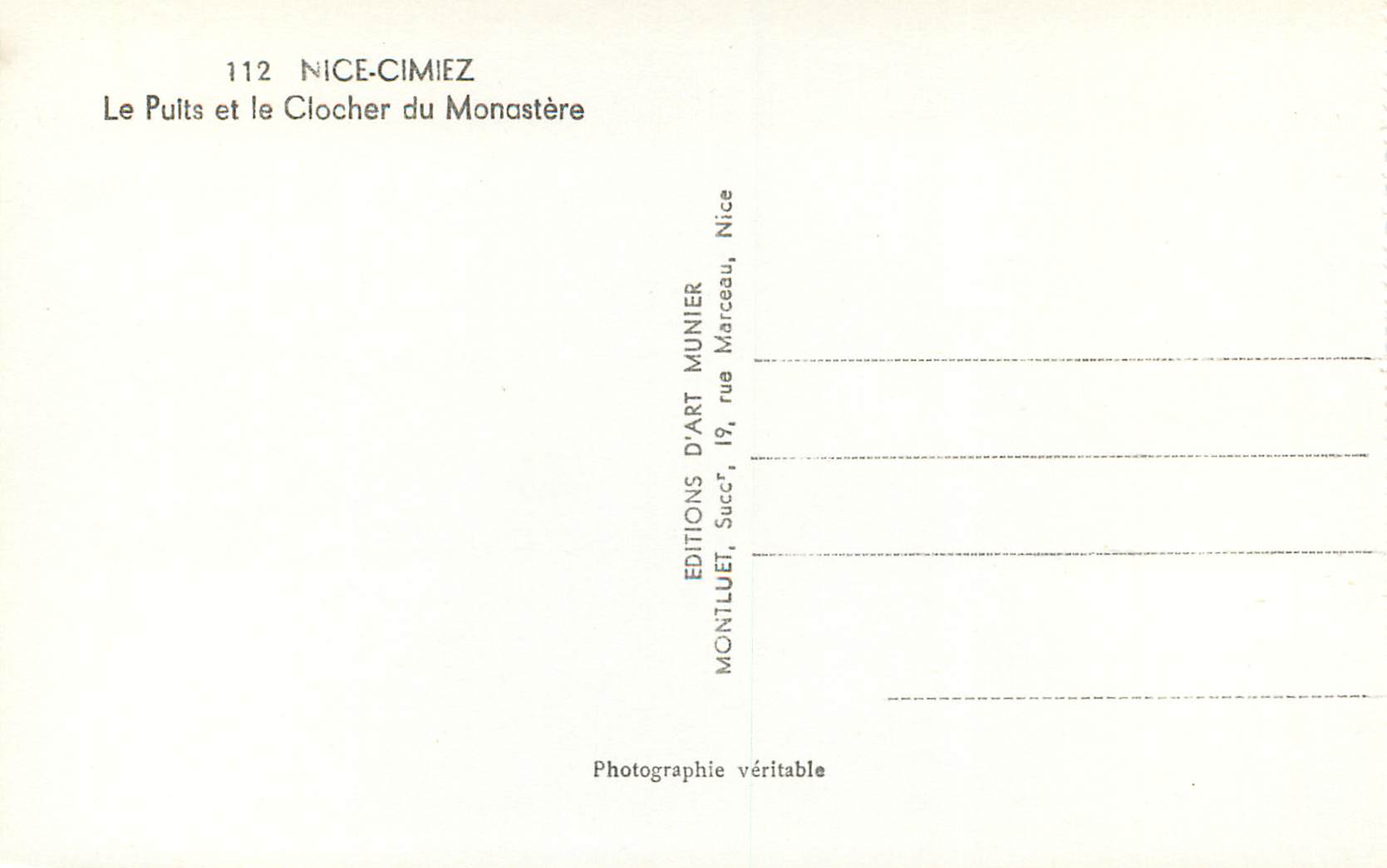 CPM Nice Cimiez Le Puits et le clocher du Monastere — Verso