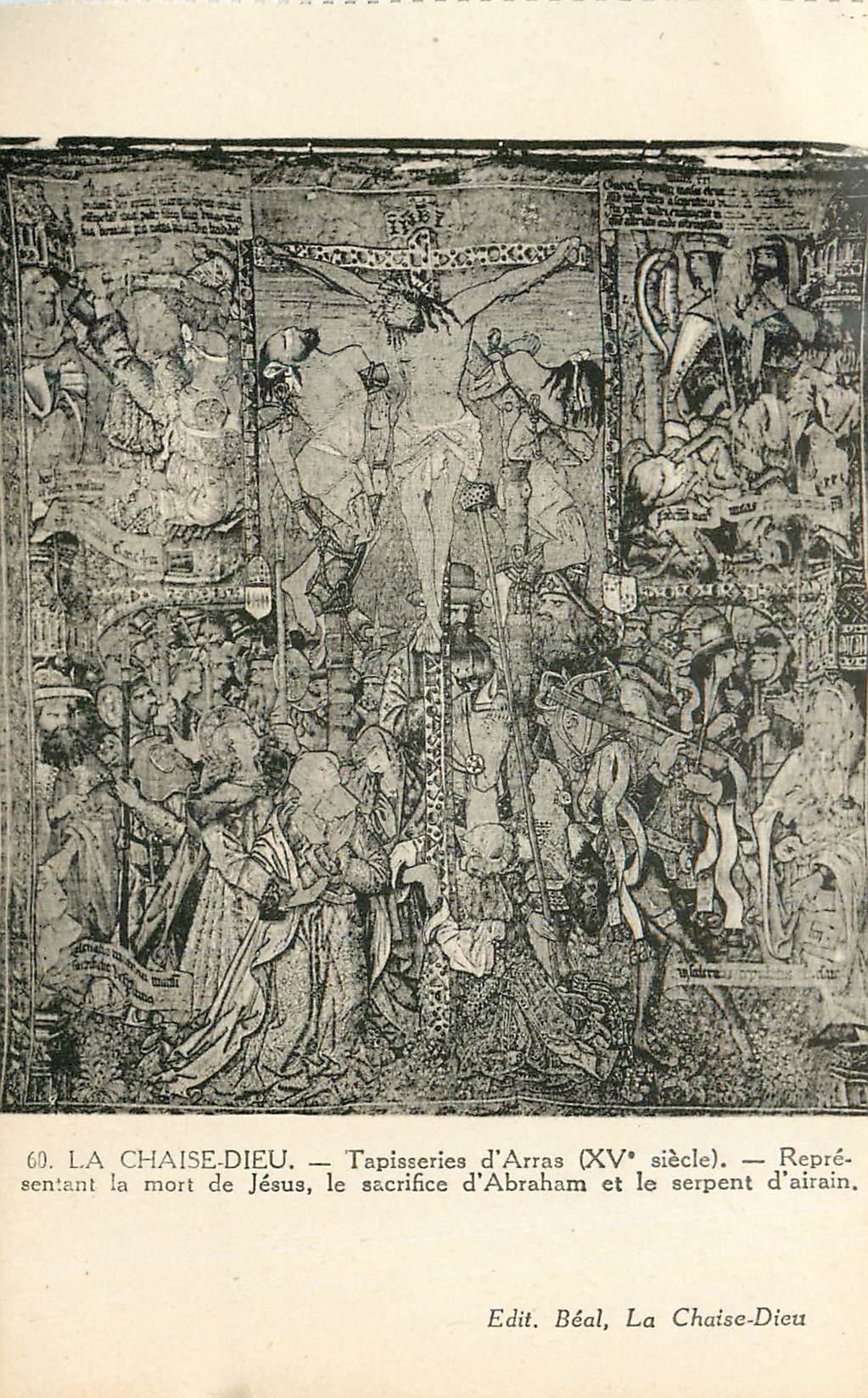 La Chaise-Dieu — Arras-Tapisserien (15. Jahrhundert) — darstellend den Tod Jesu, den Opfergang Abrahams und den Kupfernen Schlangen