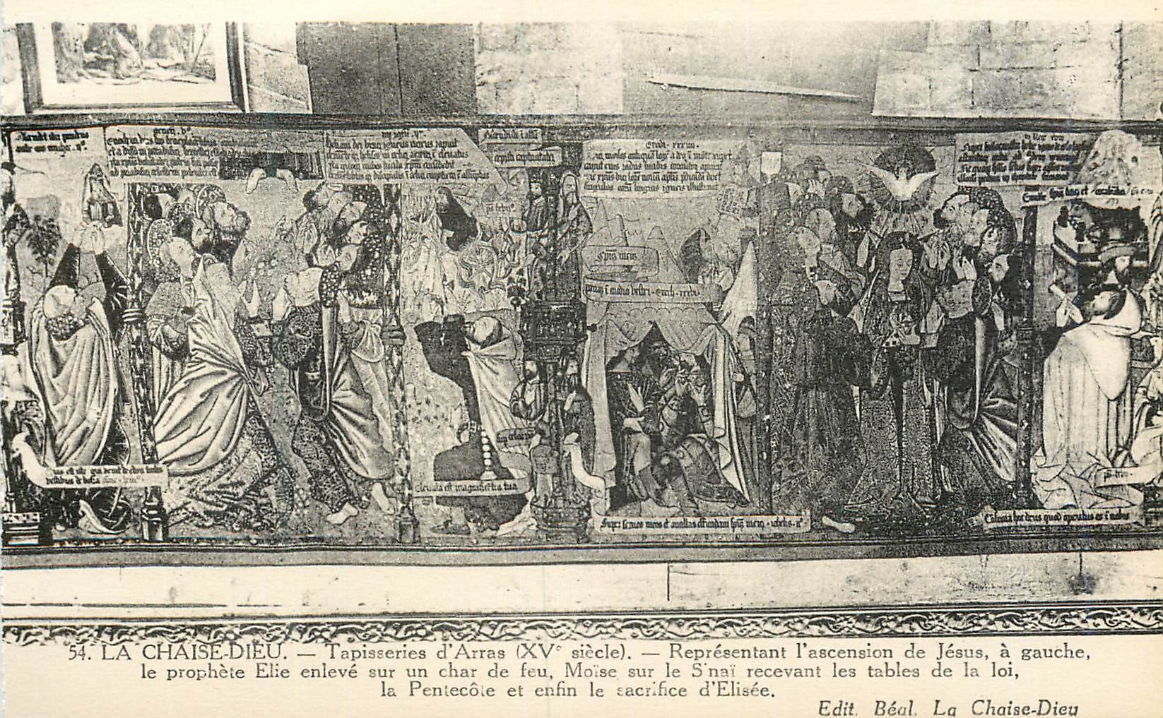 La Chaise-Dieu — Tapisseries d'Arras (XVe siècle) — Représentant l'ascension de Jésus, à gauche, le prophète Élie enlevé sur un char de feu, Moïse sur le Sinaï recevant les tables de la loi, enfin le sacrifice d'Élisée.