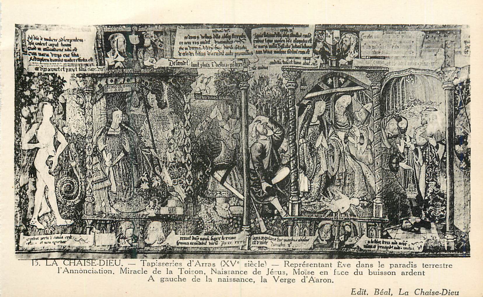 La Chaise-Dieu — Tapisseries d'Arras (15. Jahrhundert) — Darstellungen von Eva im Paradies, der Verkündigung, dem Wunder der Toga, der Geburt Jesu, Mose vor dem brennenden Busch