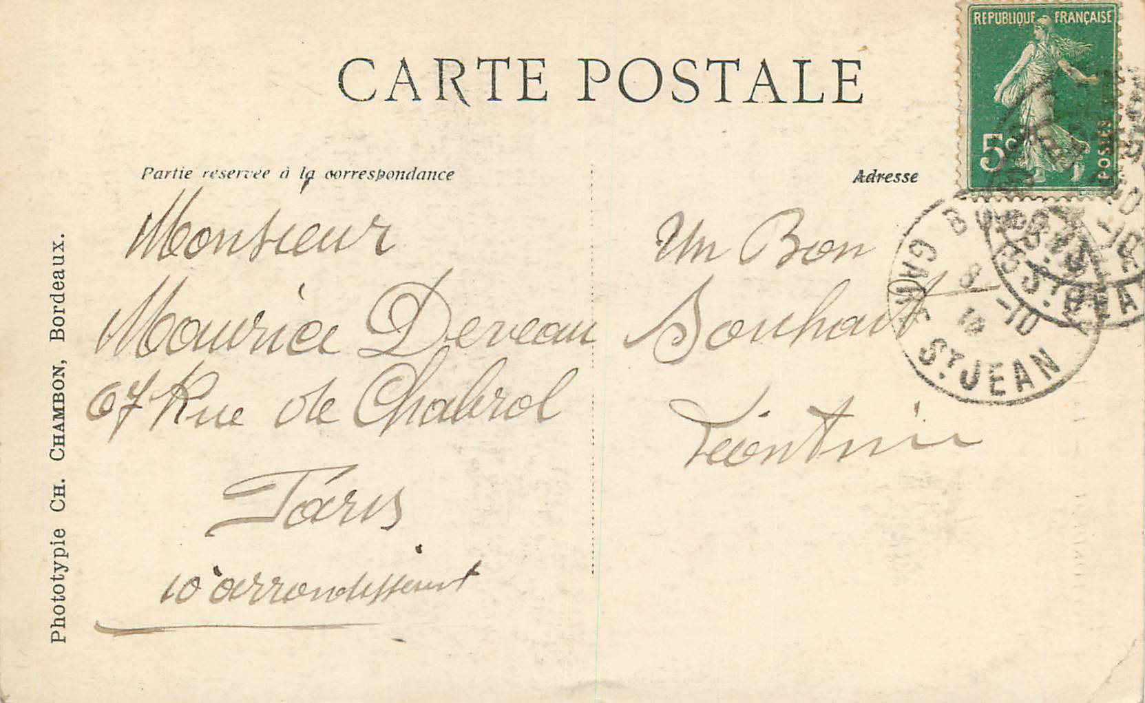 CPA Bordeaux La Tour Pey Berland — Verso