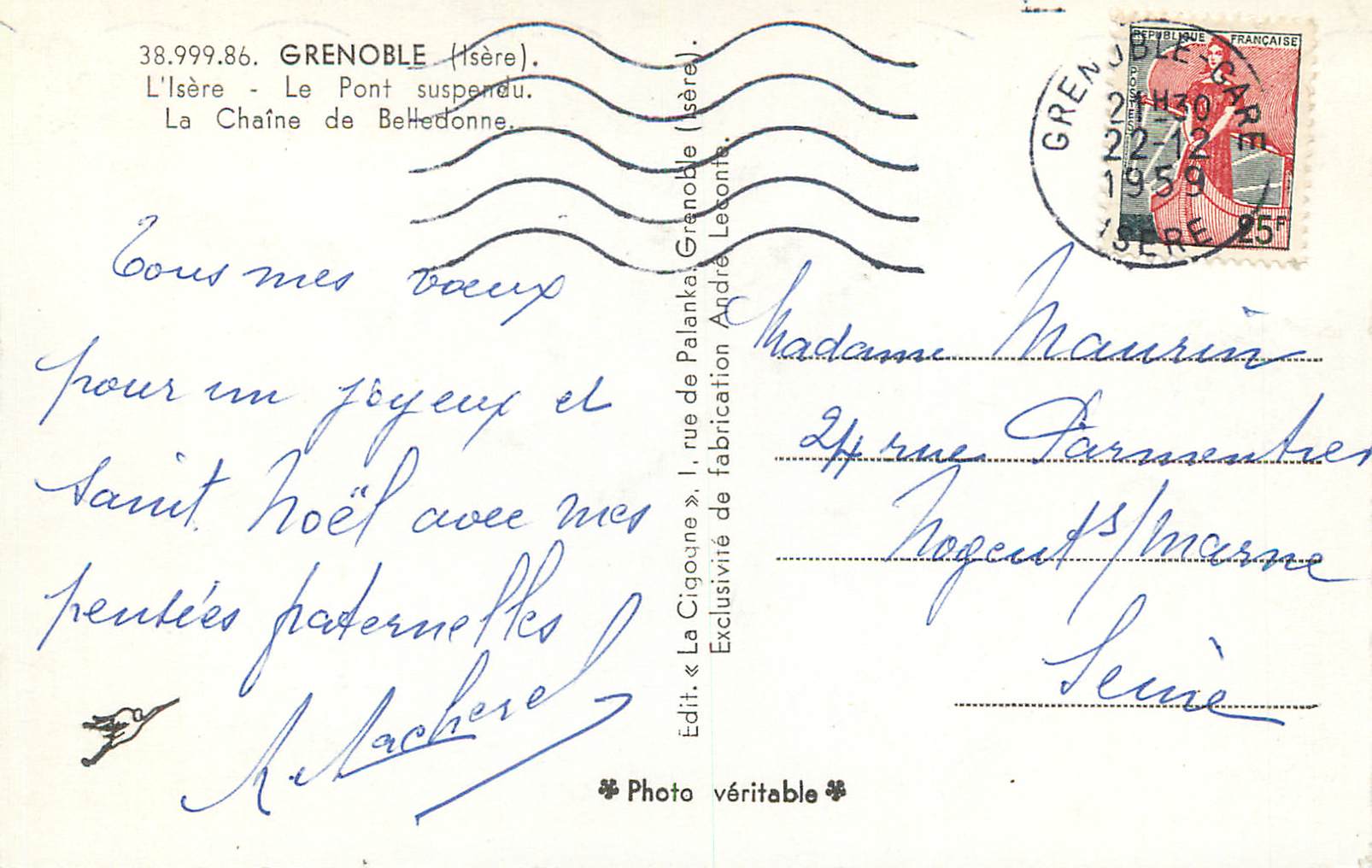 Grenoble (Isère) — Le Pont suspendu et la Chaîne de Belledonne — Édit. « La Cigogne » — Rückseite