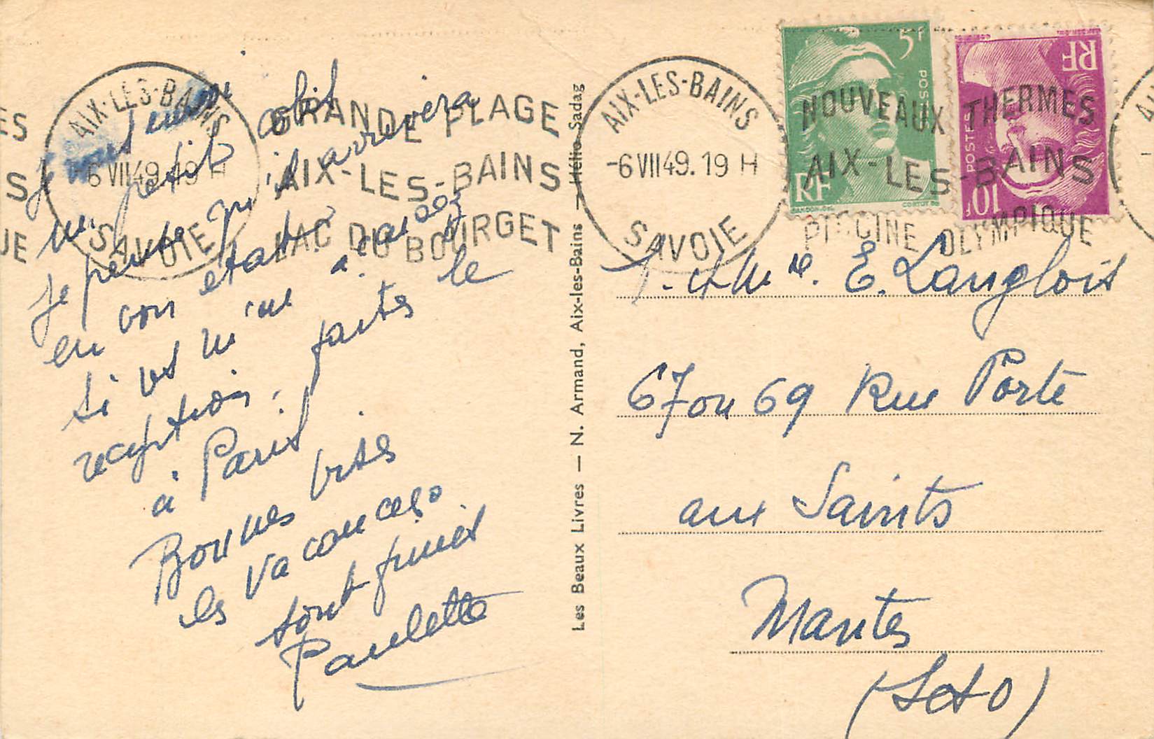 CPA Aix les Bains Le Lac et la Dent du Chat (1400 m) — Verso