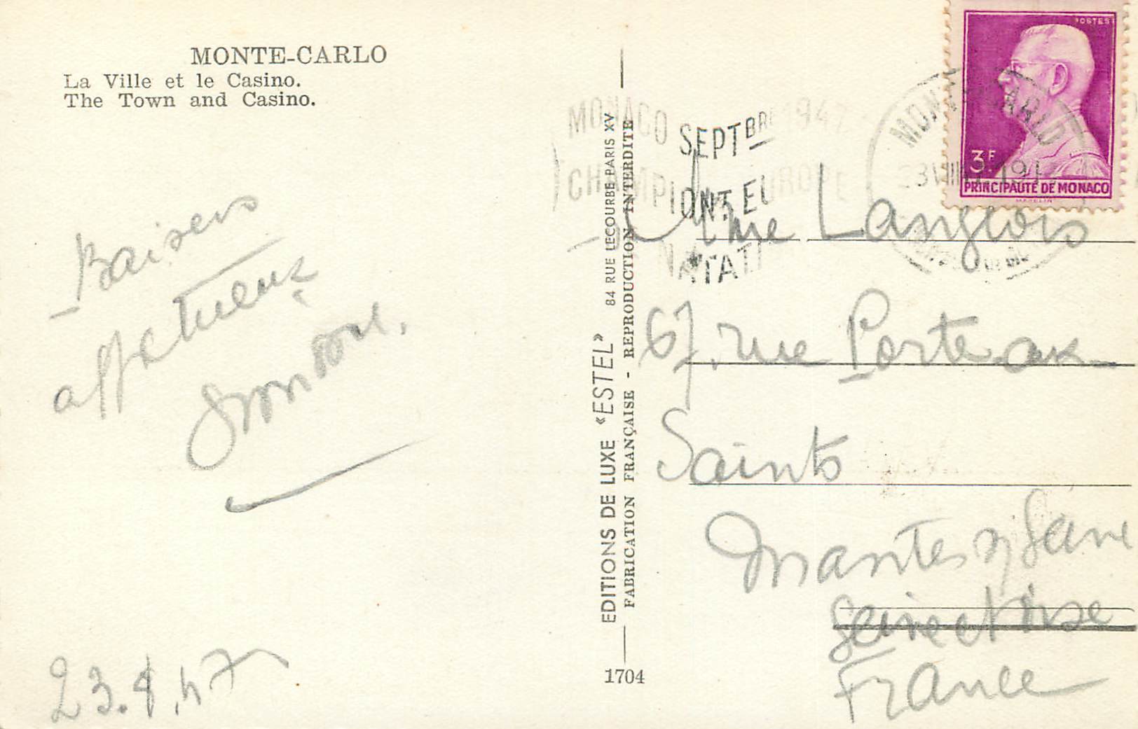 CPM Monte Carlo La Ville et le Casino Estel — Rückseite