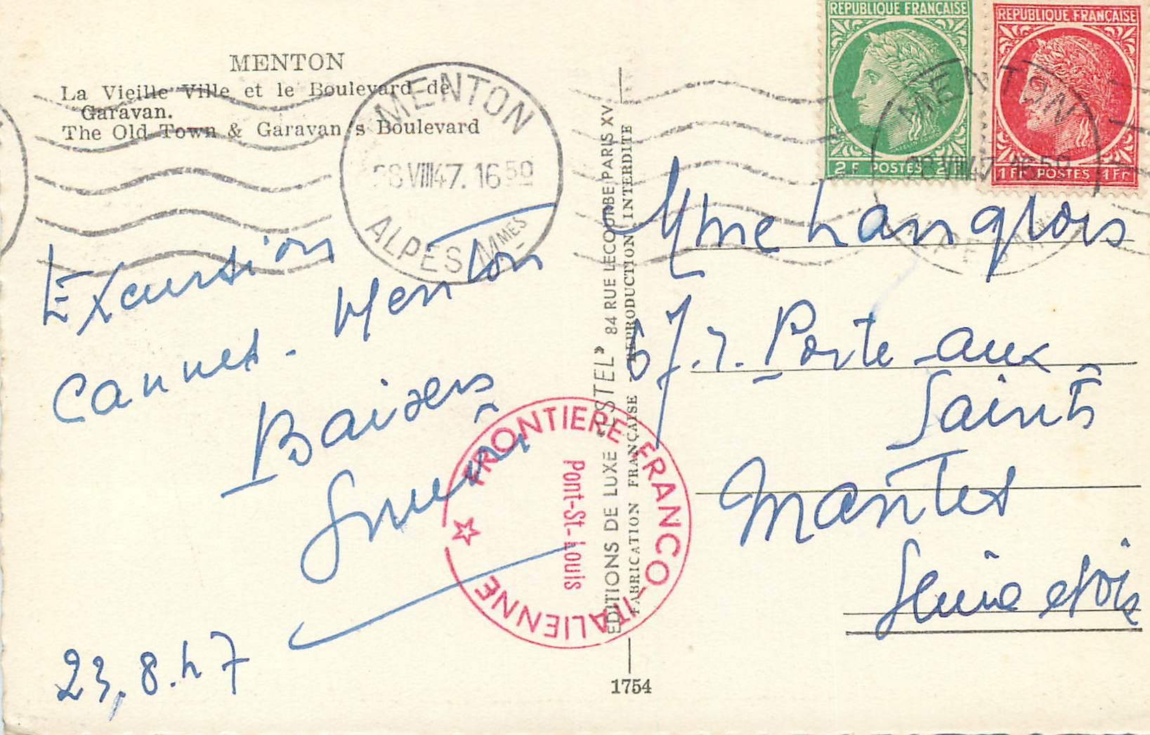 CPM Menton La Vieille Ville et le Boulevard de Garavan — Rückseite