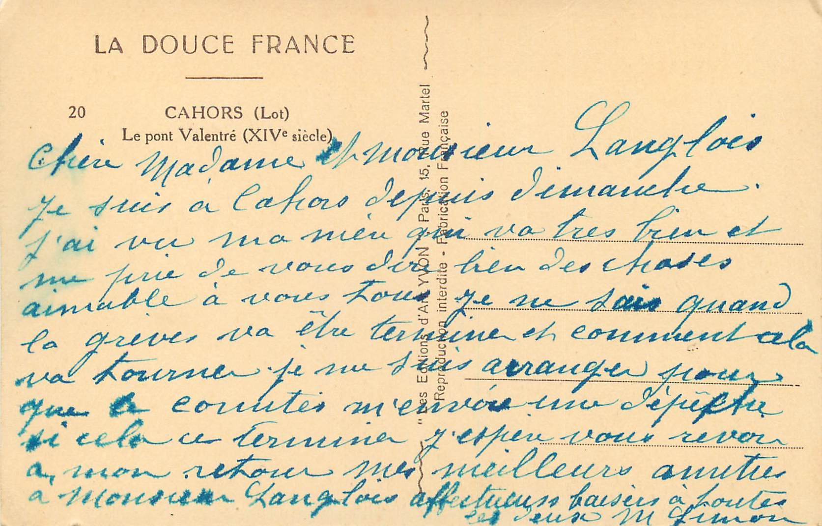 Le pont Valentré (XIVe siècle) — Cahors (Lot) — Édition 'La Douce France' n°20 — Verso