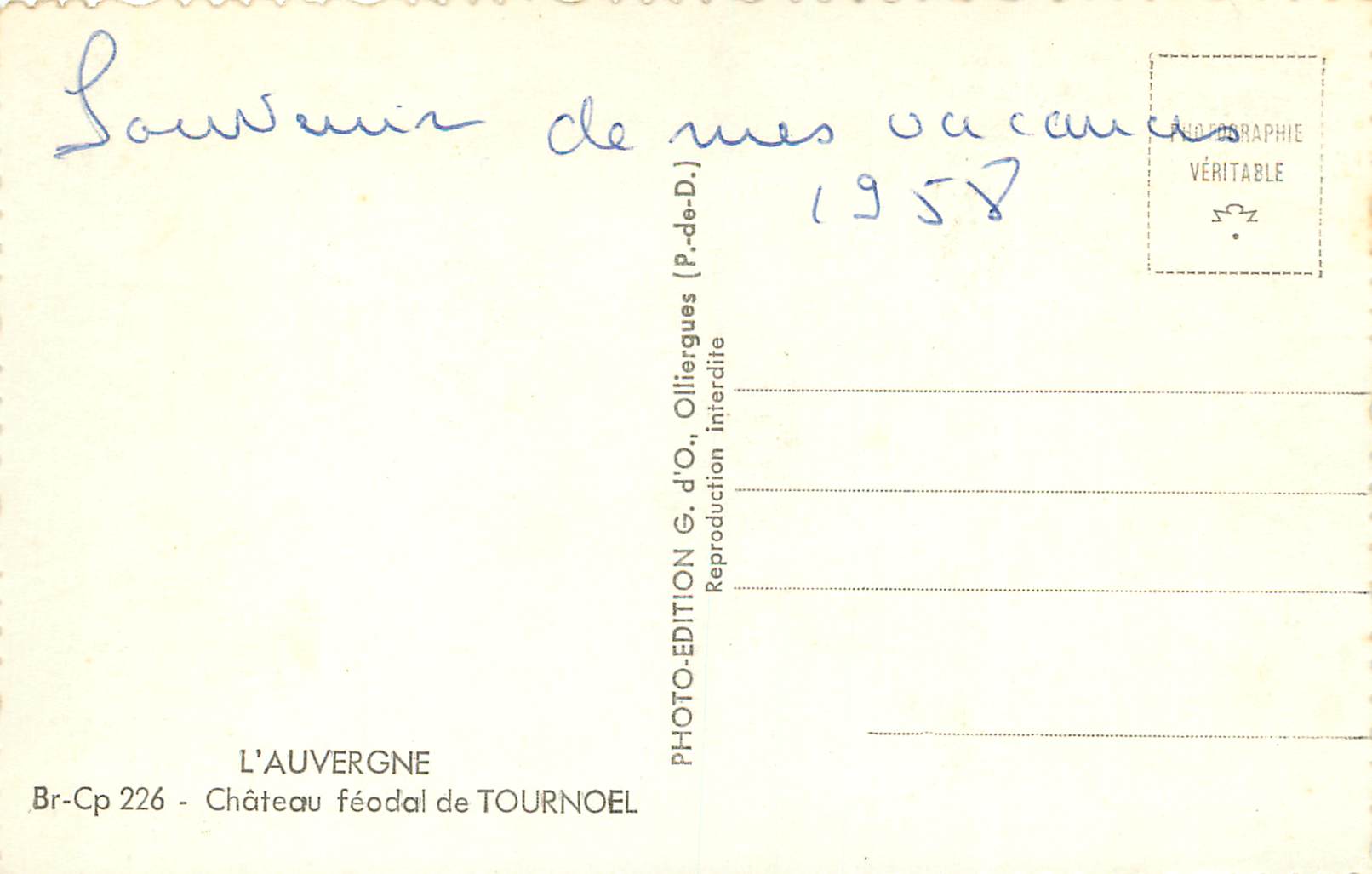 CPM L'Auvergne Chateau Feodal de Tournoel — Rückseite