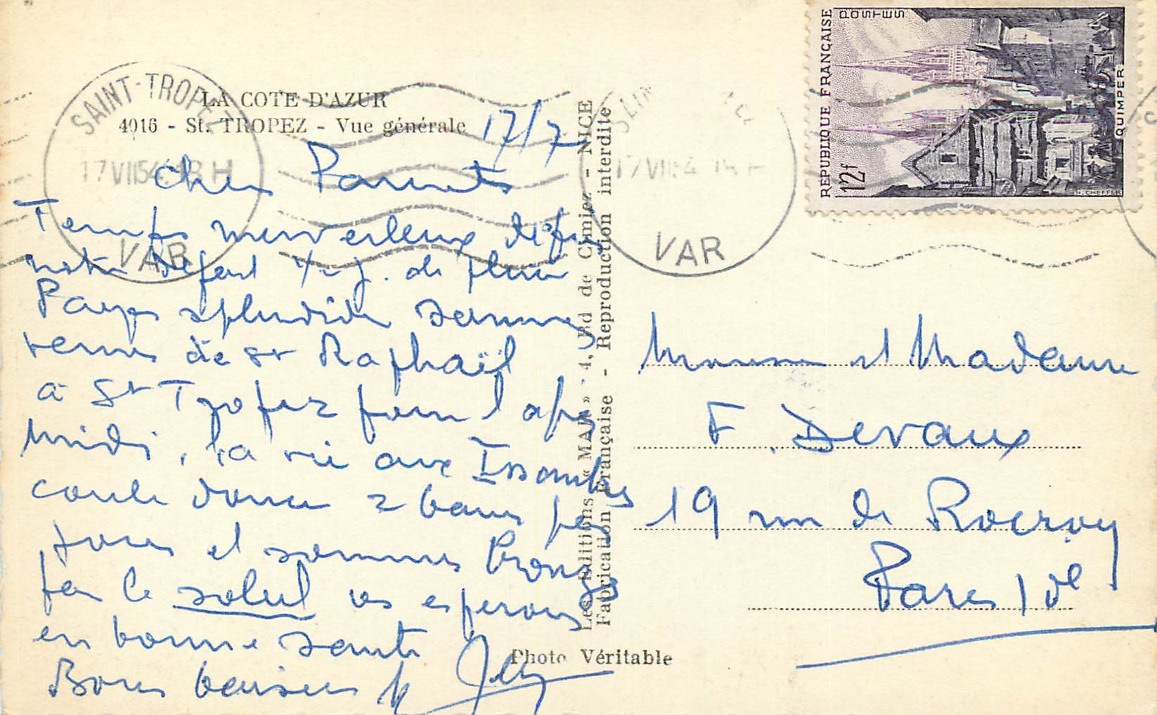 CPM La Cote d'Azur St Tropez Vue Generale — Verso