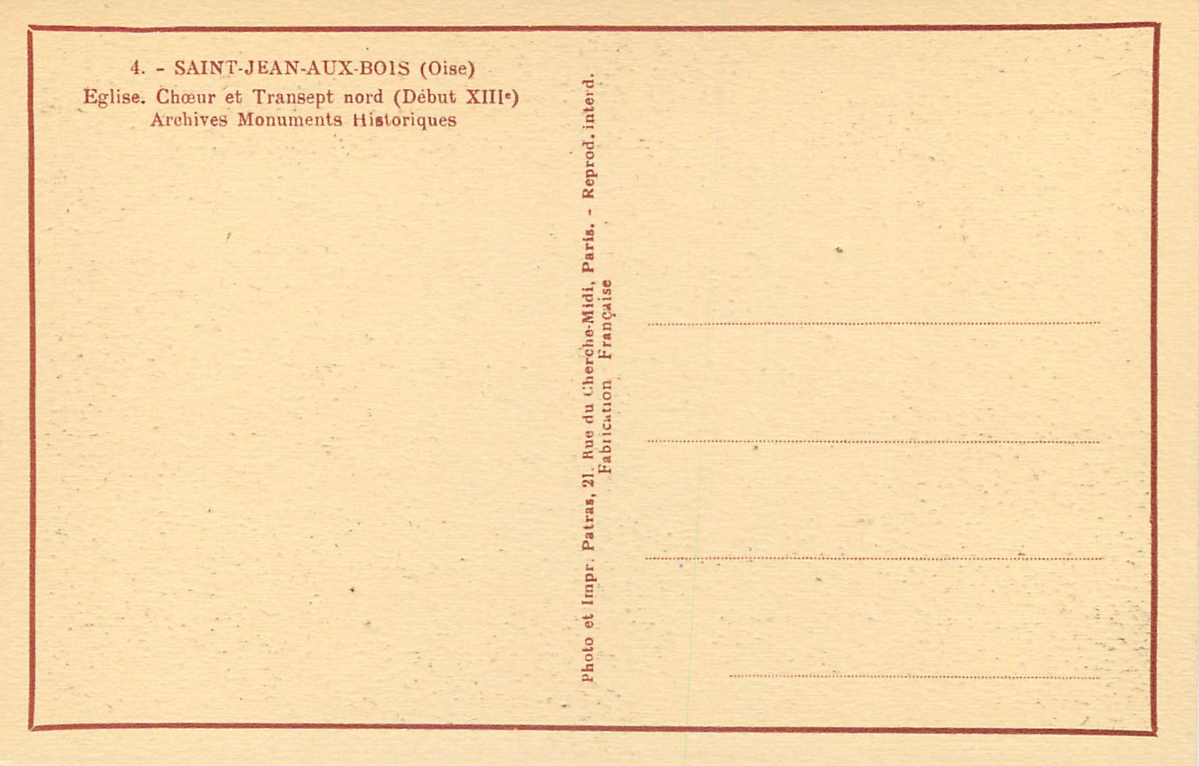 CPA Saint Jean aux Bois (Oise) Eglise Choeur et transept Nord (Debut XIIIeme) — Rückseite