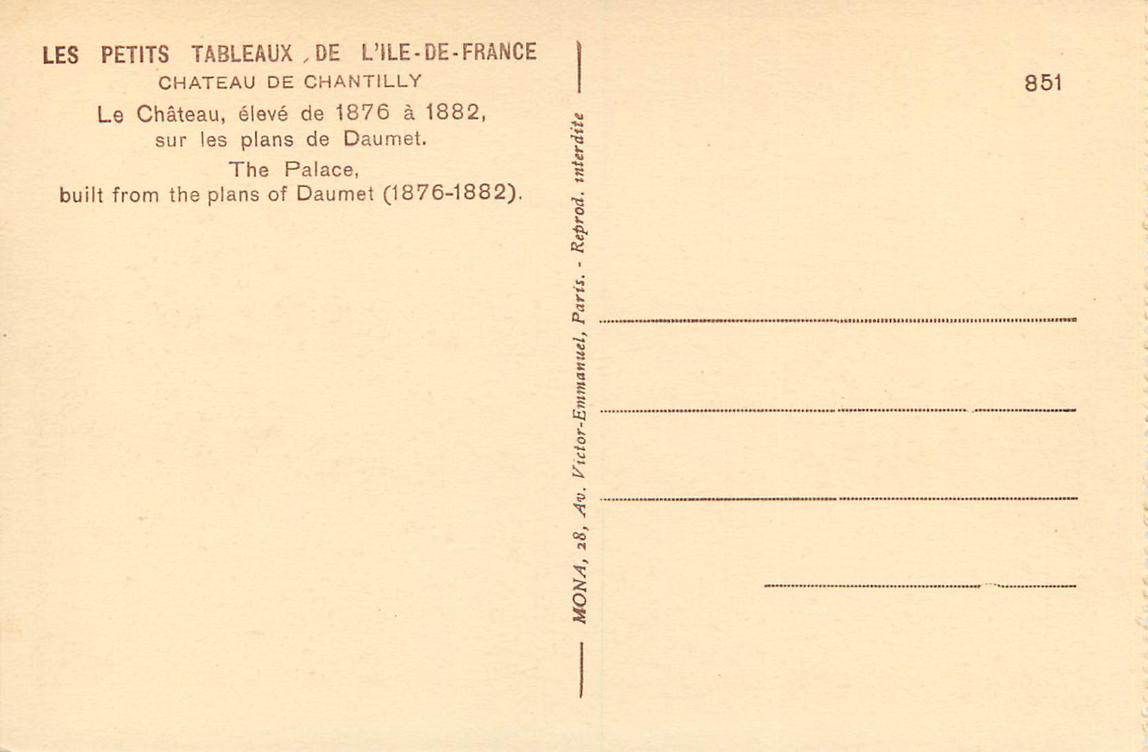 CPA Les Petits Tableaux de l'Ile de France Chateau de Chantilly de 1876 a 1882 — Rückseite