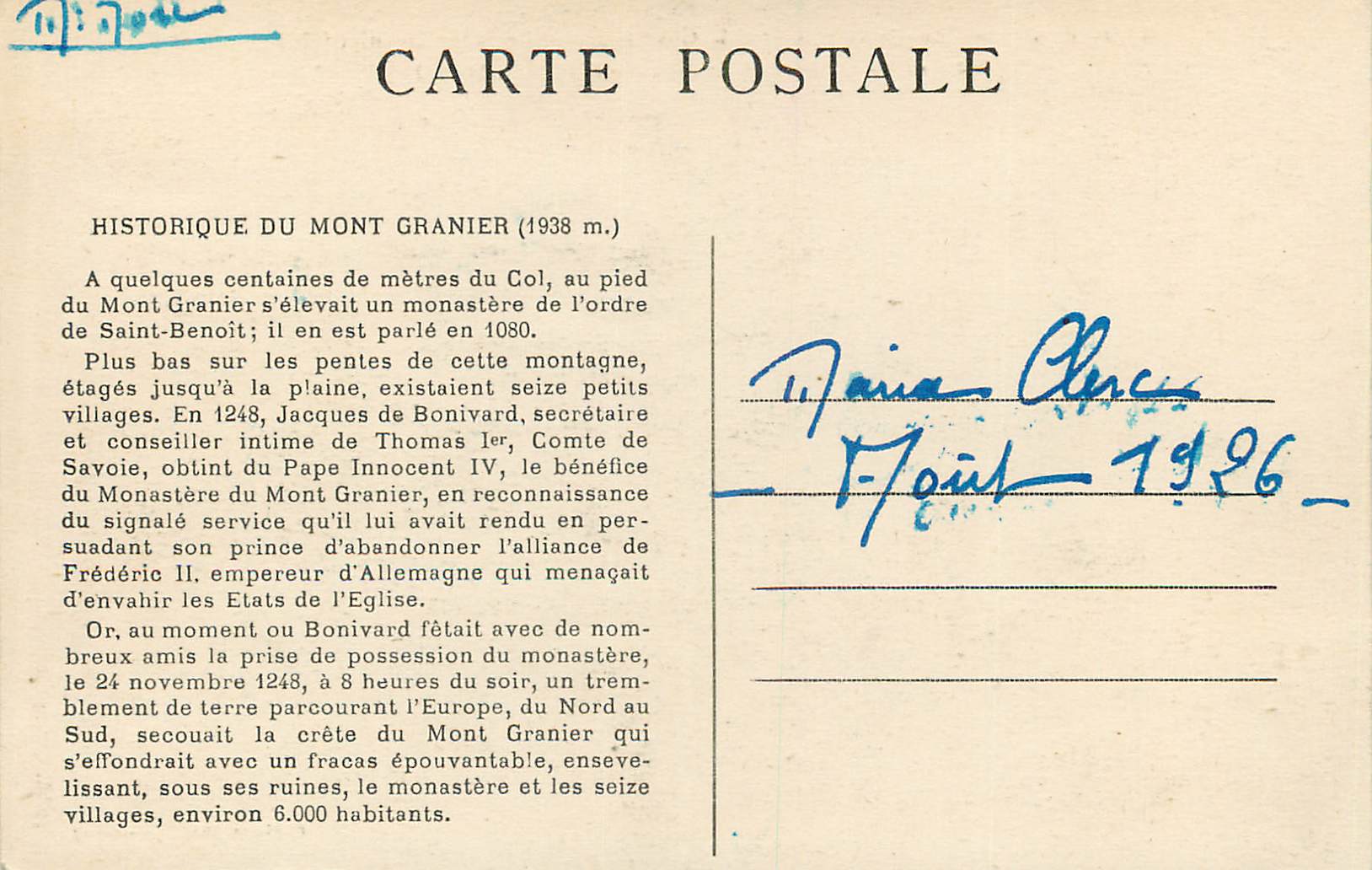 CPA Route de Chambery a la Grande Chartreuse Le Mont Granier (1938 m) Le Col au Granier et les Chalets Refuge (1164 m) — Rückseite