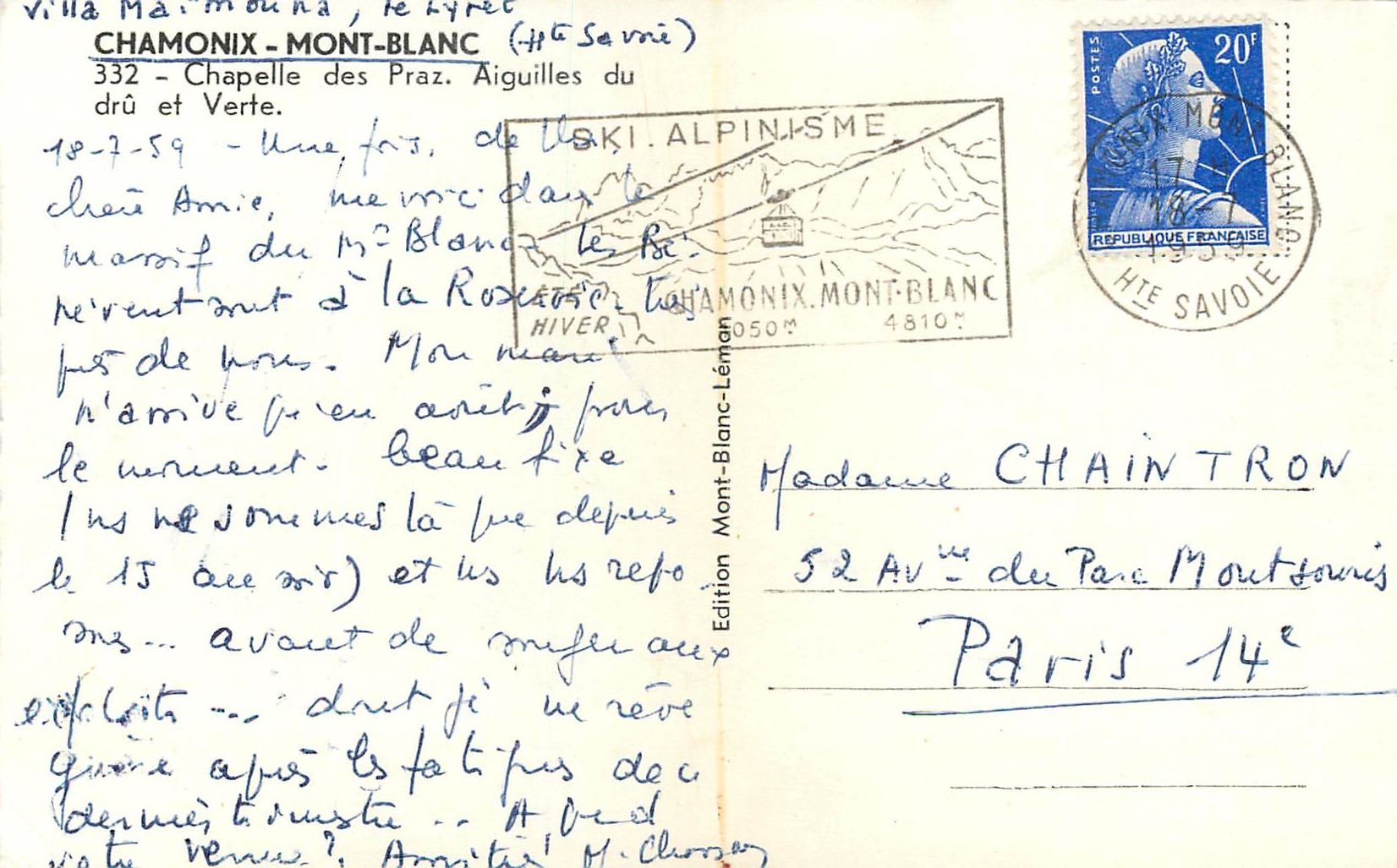 CPM Chamonix Mont Blanc Chapelle des Praz Aiguilles du Dru et Verte — Verso