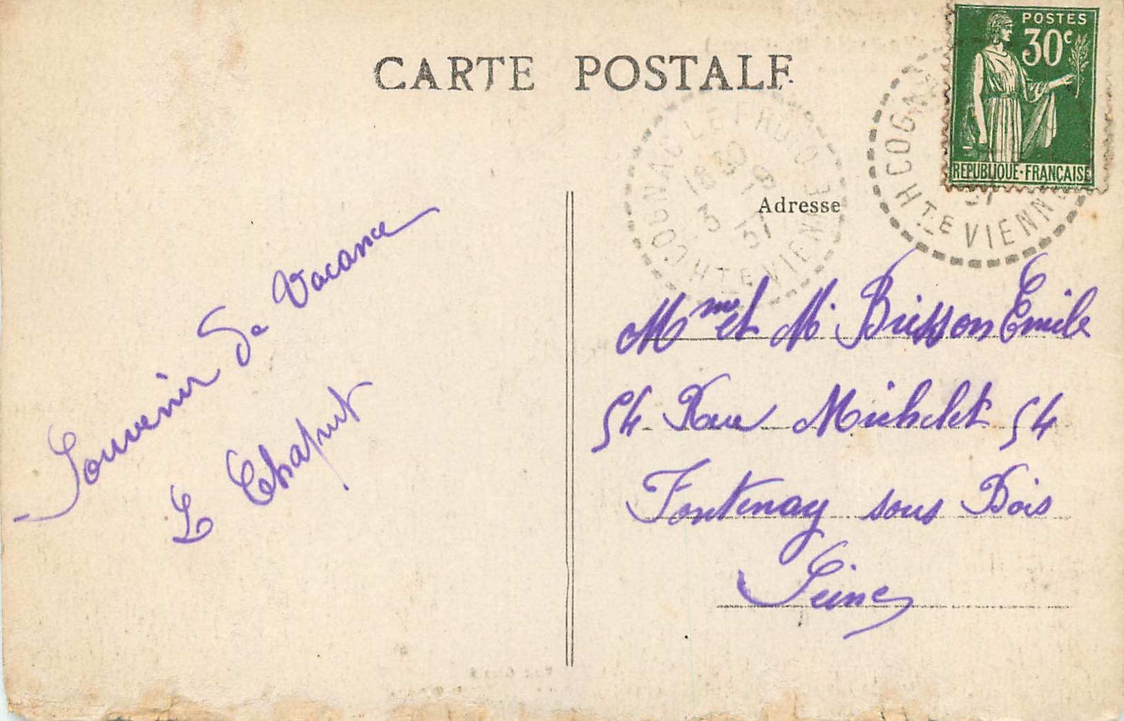 CPA Cognac le Froid (Hte Vienne) Le Chateau — Rückseite