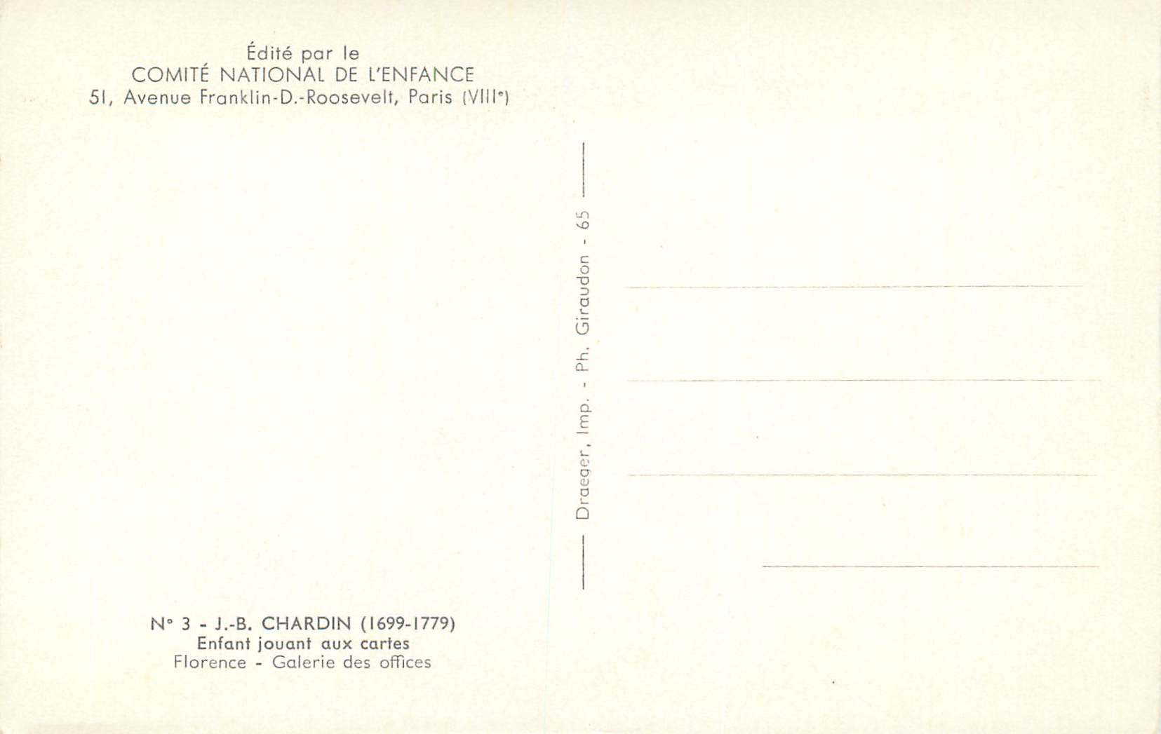 CPA J B Chardin (1699 1799) Enfant Jouant aux Cartes Florence Galerie des Offices — Verso