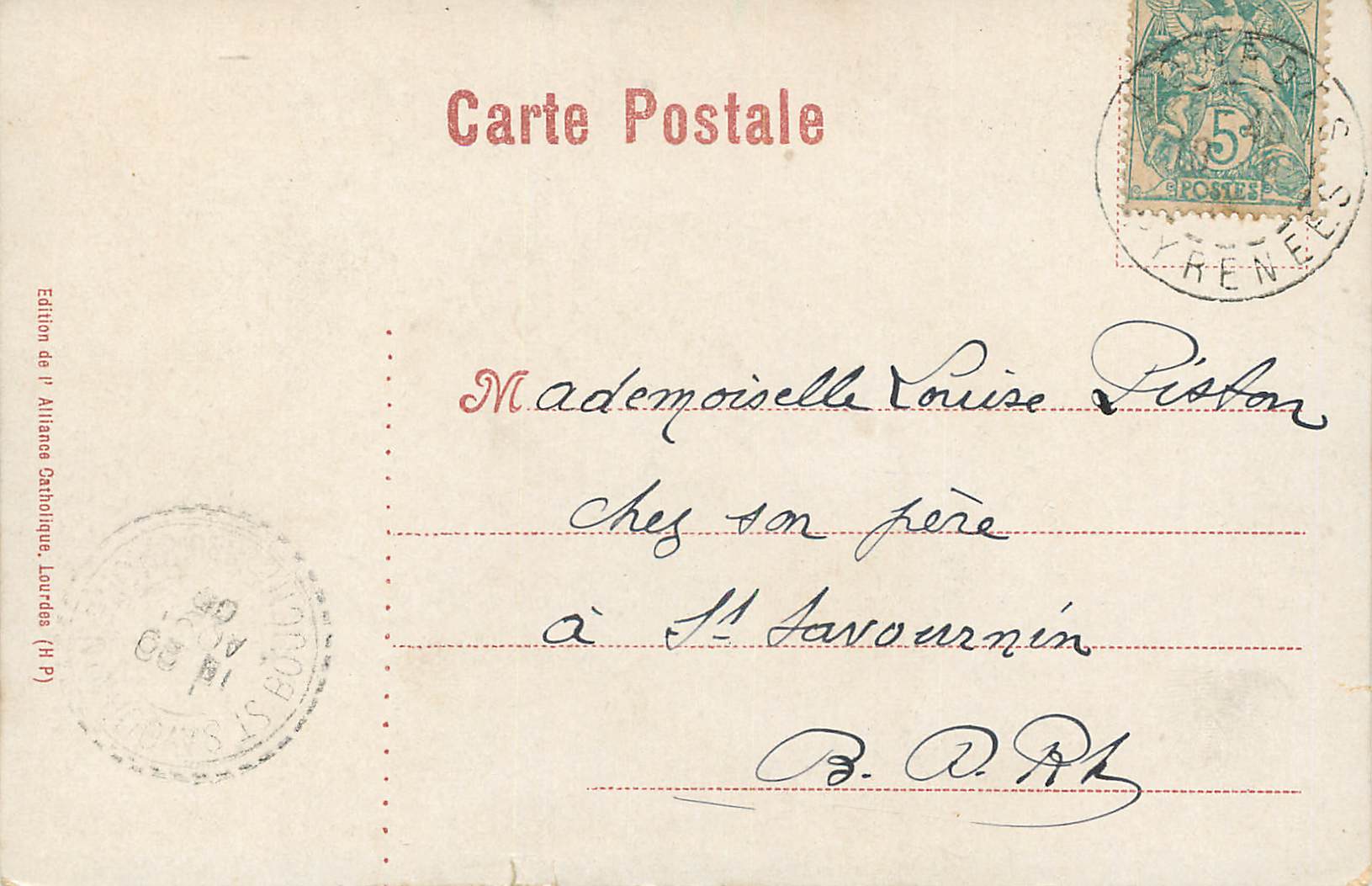 CPA Grotte Miraculeuse de N D de Lourdes — Verso