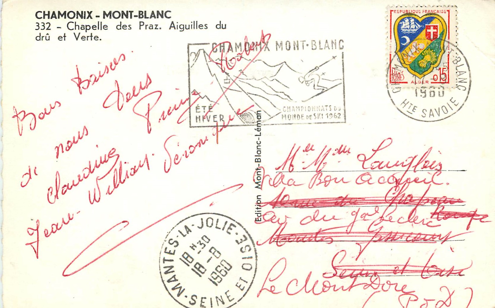 CPM Chamonix Mont Blanc Chapelle des Praz Aiguilles du Dru et Verte — Verso