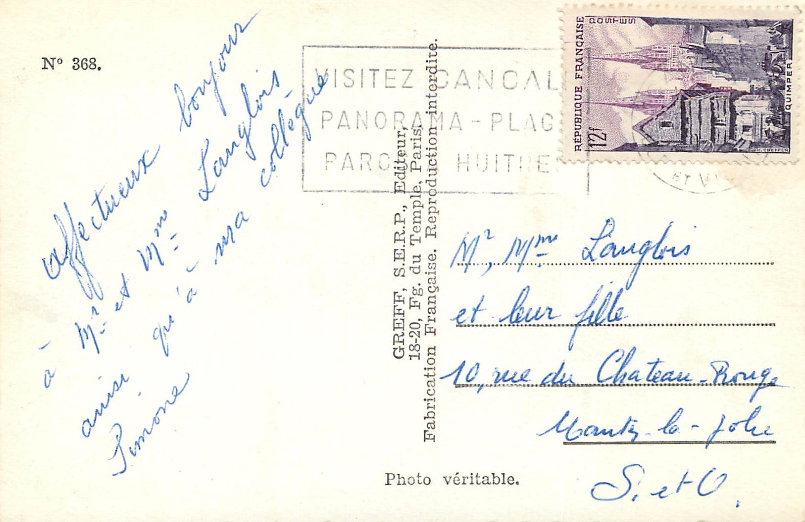 Côte d'Émeraude — Souvenir de la Côte d'Émeraude — Greff S.E.R.P. n°368 — Rückseite