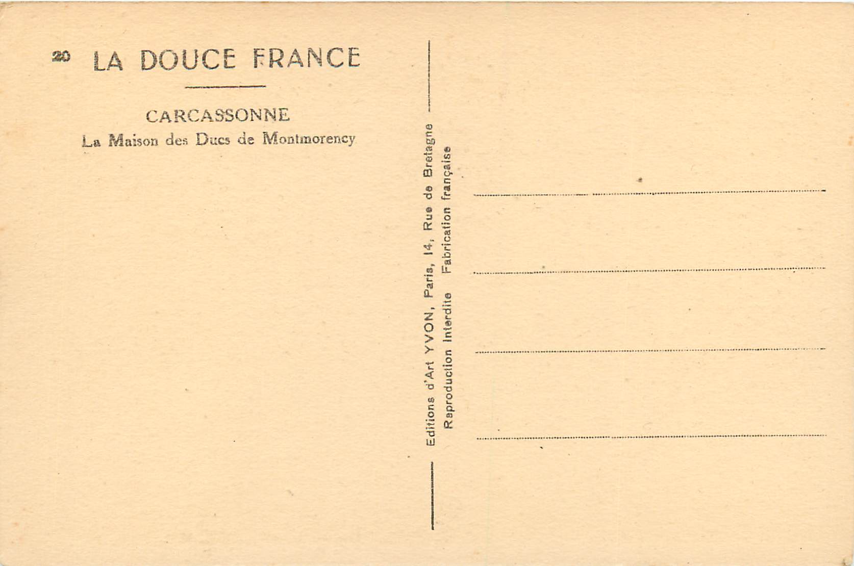 CPA La Douce France Carcassonne La Maison des Dues de Montmorency — Rückseite