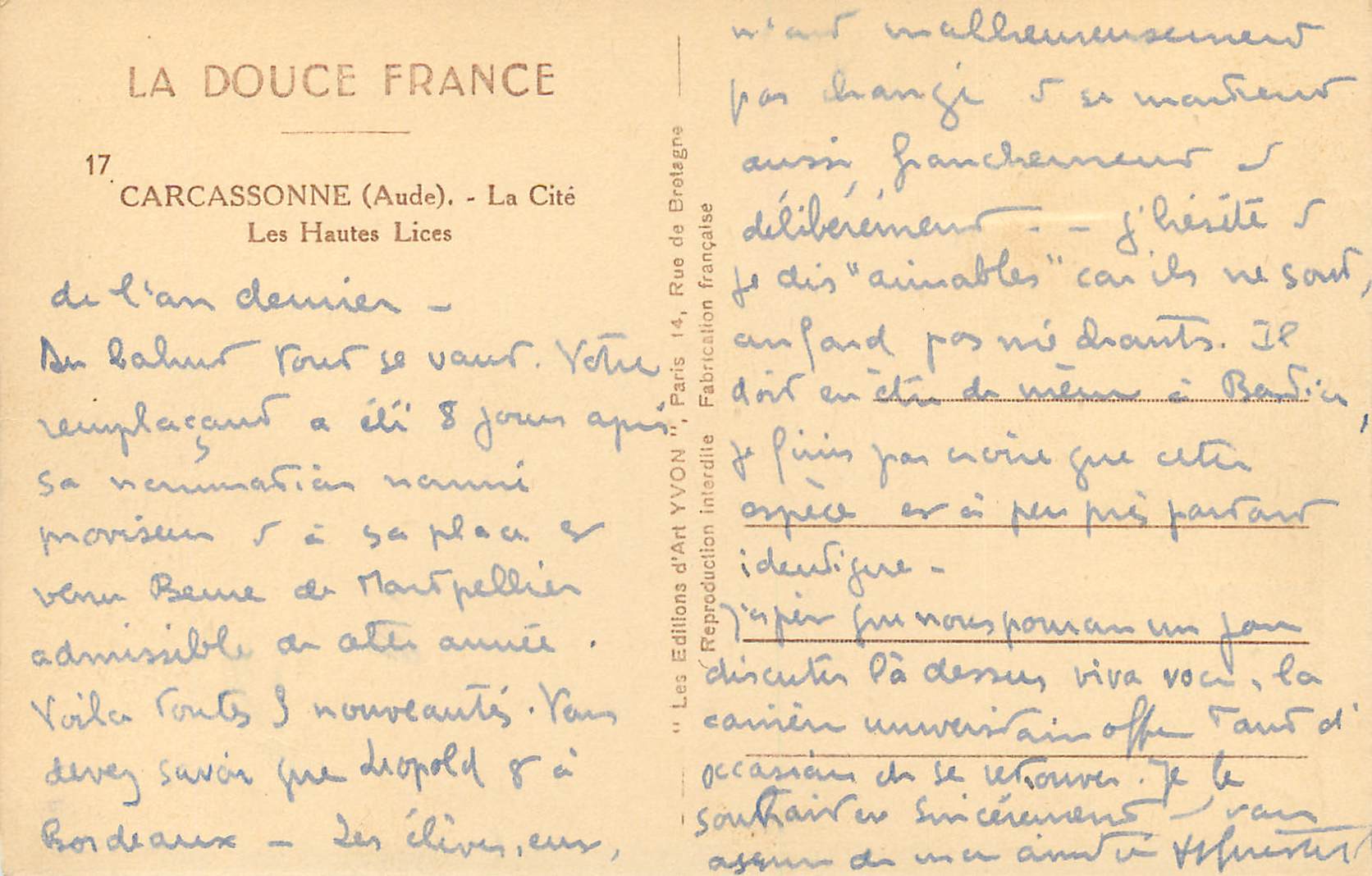 Carcassonne (Aude) — La Cité, Les Hautes Lices — Éditions d'Art YVON — Verso