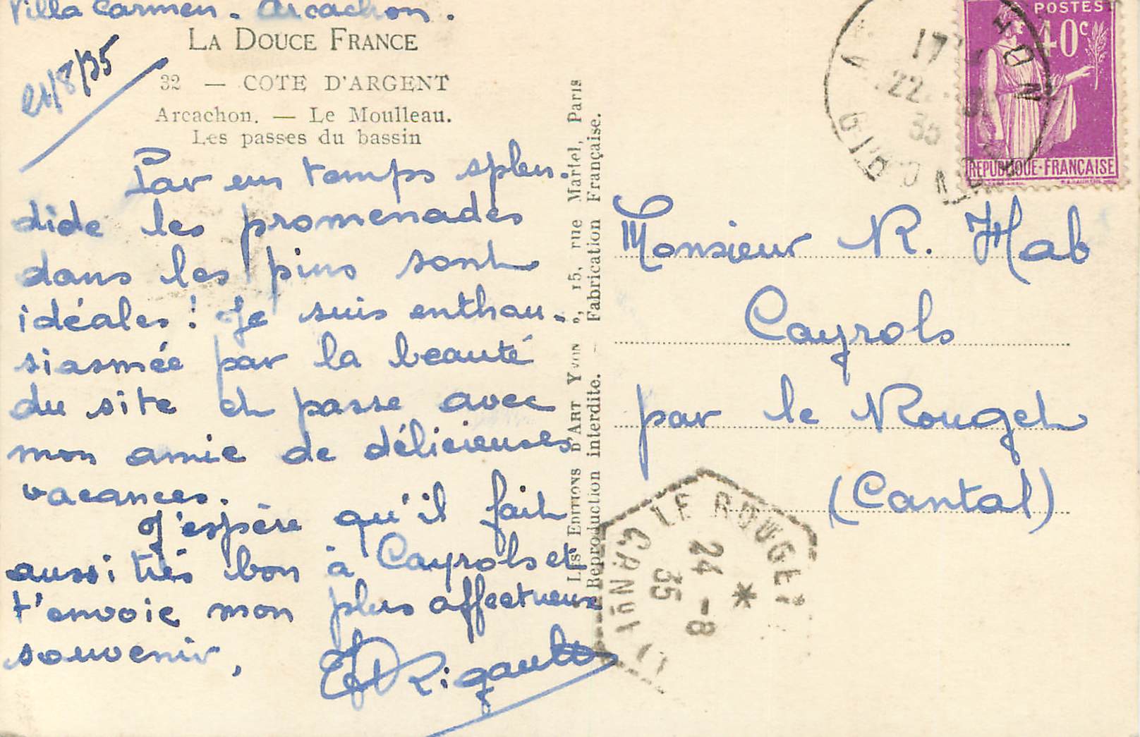 Arcachon — Le Moulleau — Les passes du bassin — Éditions D'Art Yvon, Paris — Verso