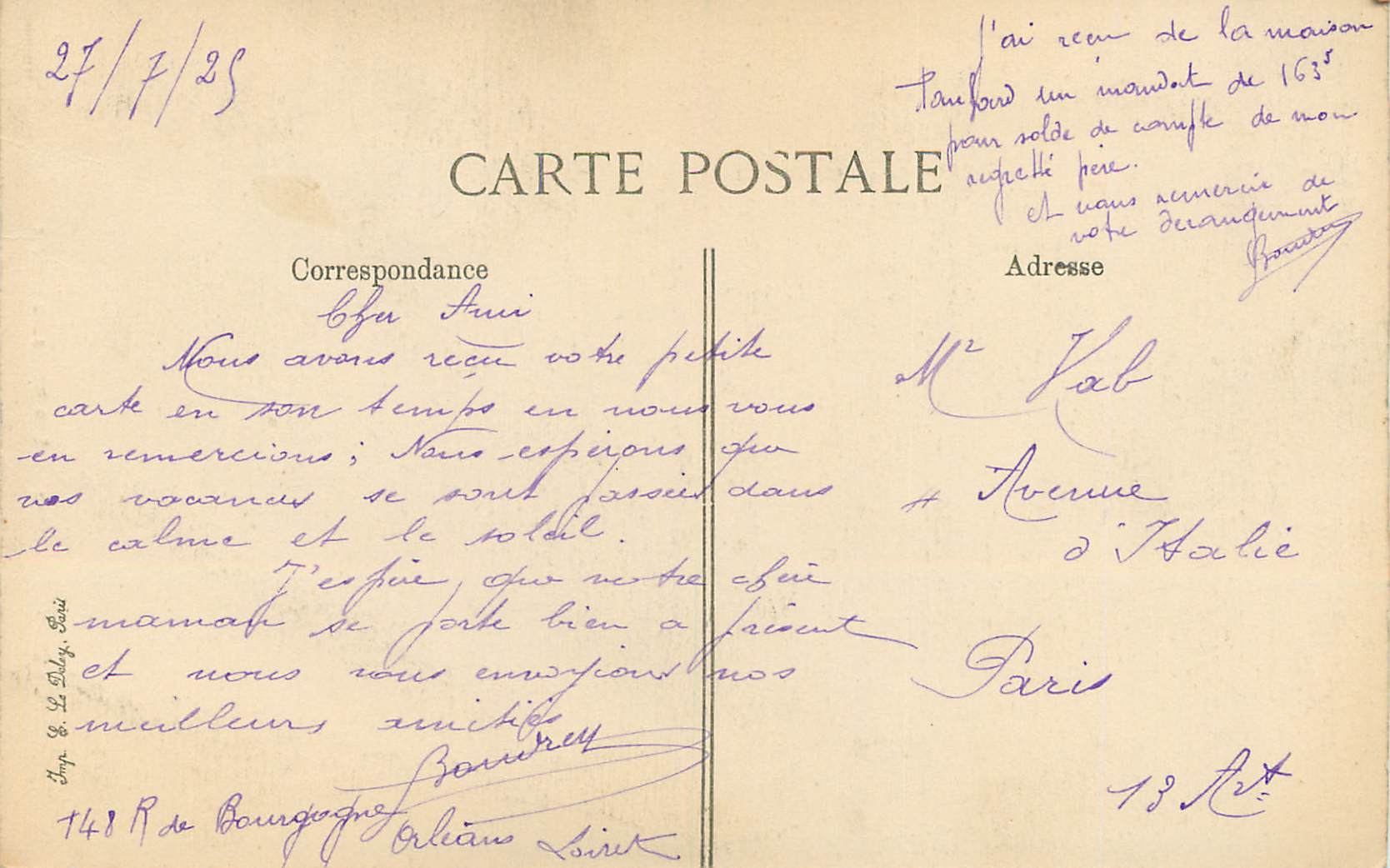CPA Olivet (Loiret) Les Bords du Loiret — Rückseite