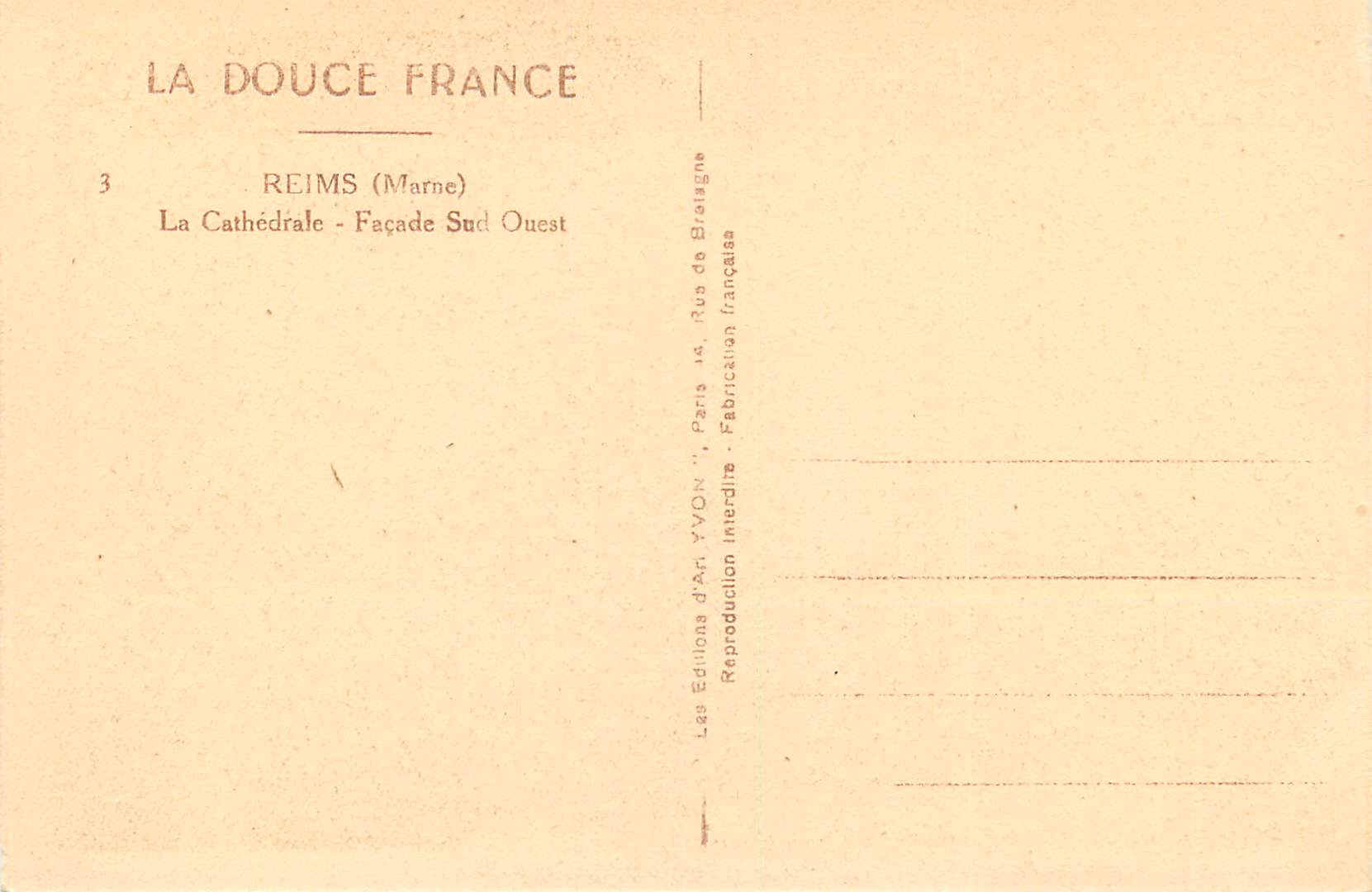 CPA La Douce France Reims (Marne) La Cathedrale Facade Sud Ouest — Rückseite