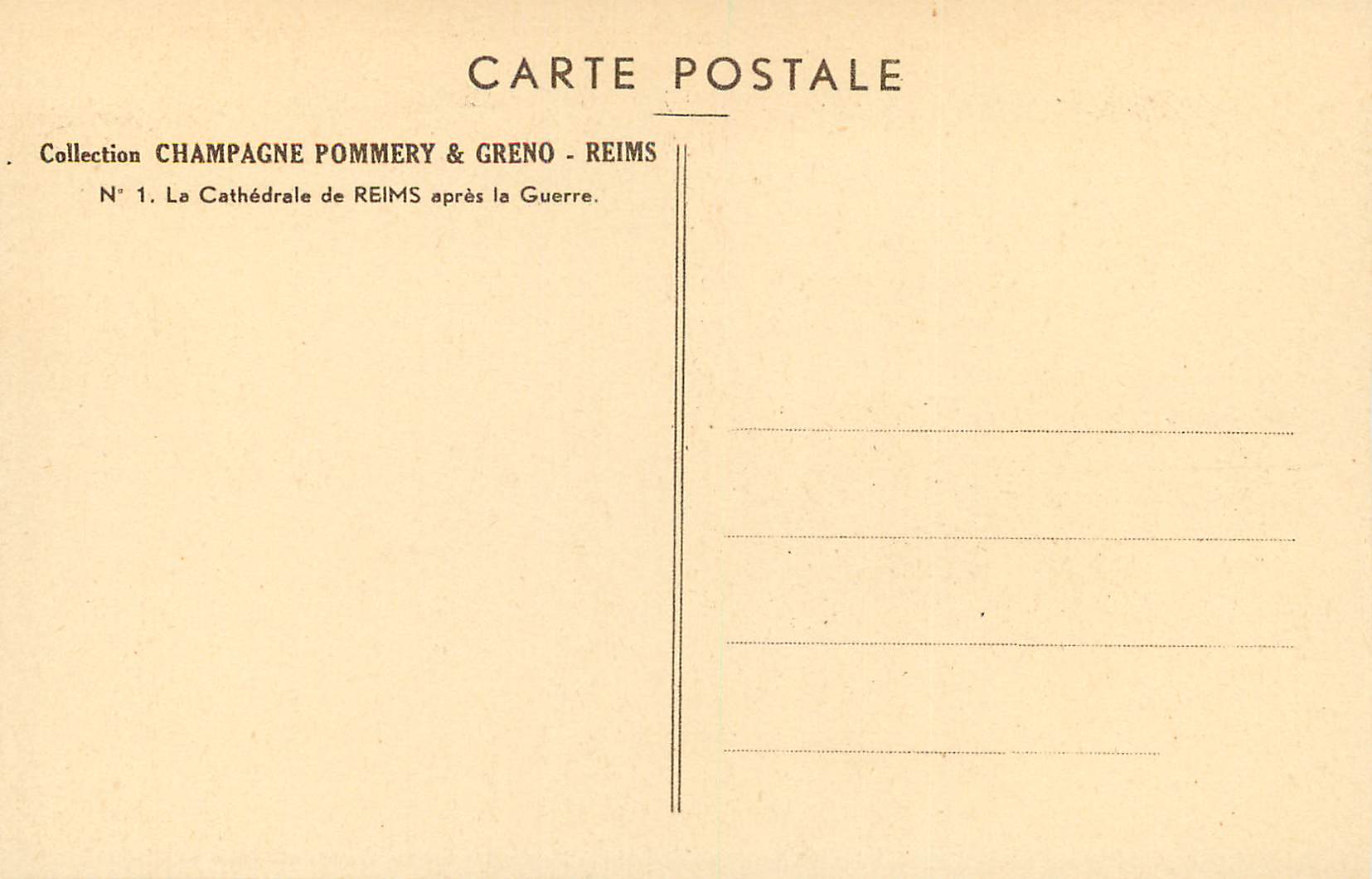 CPA La Cathedrale de Reims Apres la Guerre Collection Champagne Pommery et Gremo Reims — Rückseite